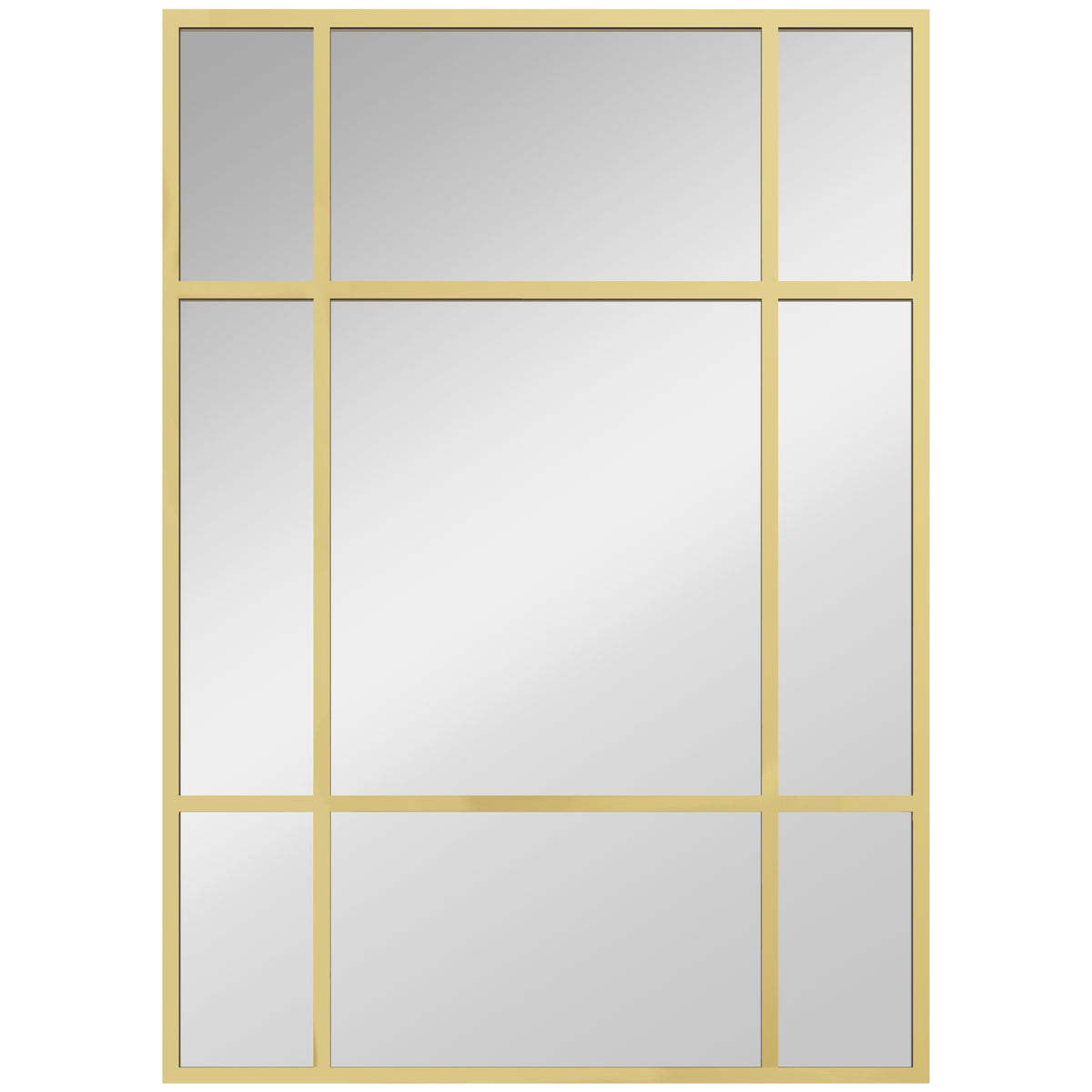 Miroir mural verrière rectangulaire style fenêtre, horizontal ou vertical avec 4 crochets, en métal doré - 50x70 cm-0