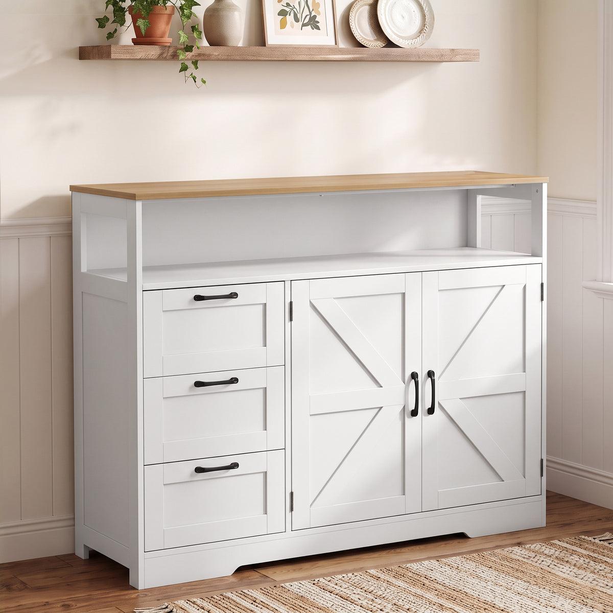 Buffet Cuisine, Meuble de Rangement avec 3 Tiroirs, 2 Portes Façon Grange, Plan de Travail et Compartiment Ouvert, Blanc-1