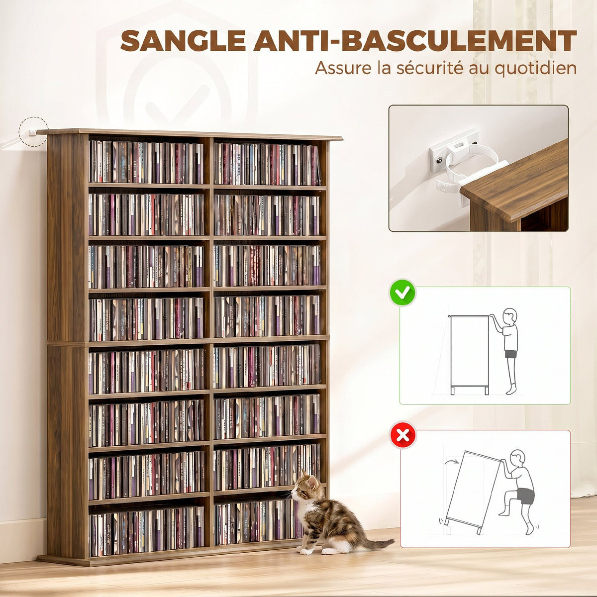 Rangements pour CD et DVD avec 16 compartiments et 12 étagères réglables capacité max. 720 CD/396 DVD et Blu-ray noyer-5