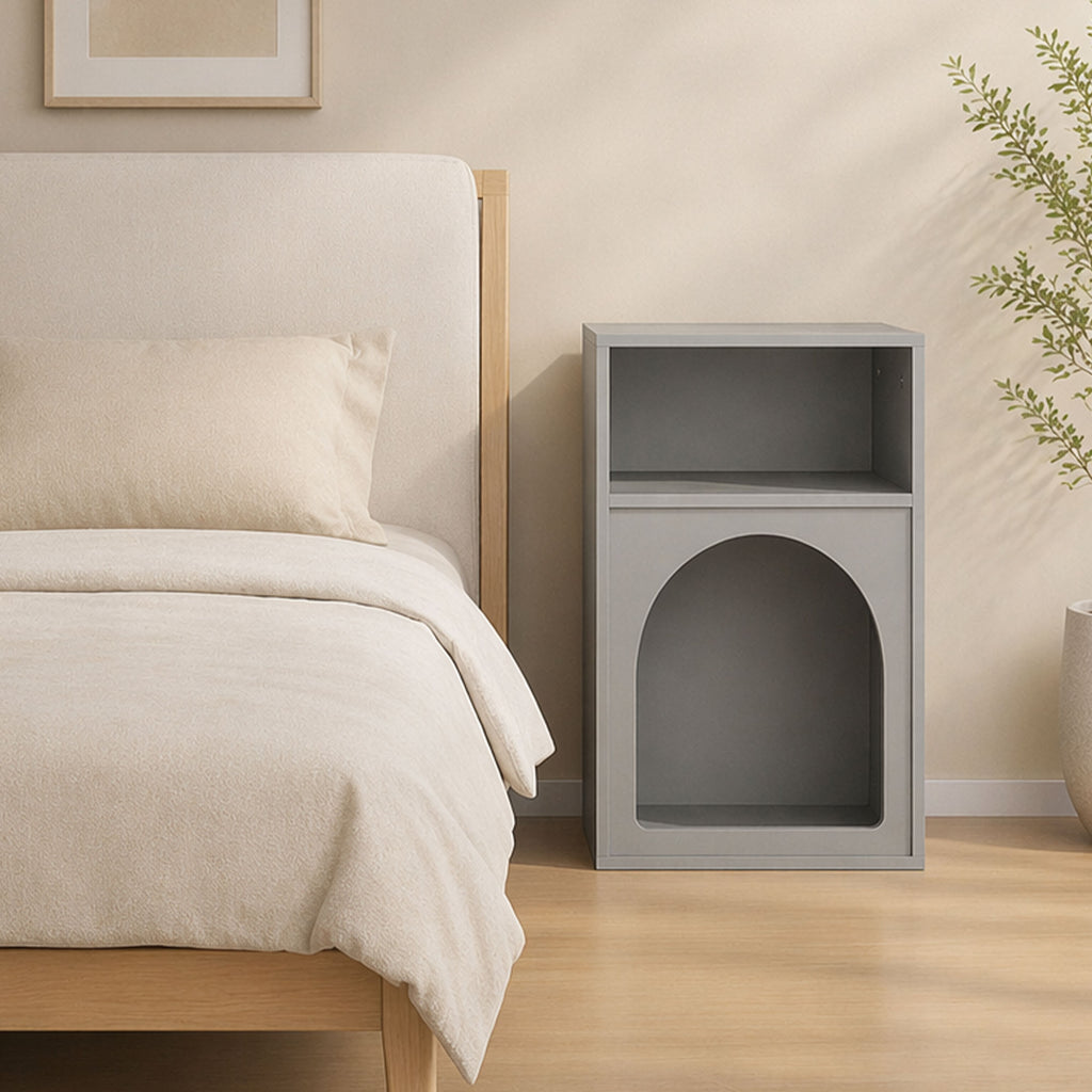 Table de chevet, table de nuit avec compartiments ouverts, design arqué, 40 x 30 x 60 cm, gris-1