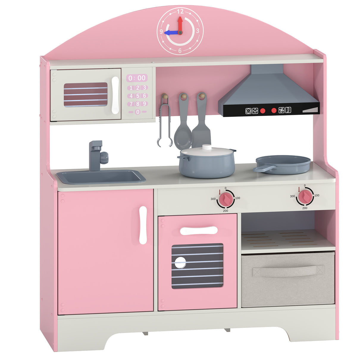 Cuisine Enfant avec Lumières et Sons, Cuisine de Jeu avec Tiroir en Tissu et 5 Accessoires, pour Enfants 3-6 Ans, Rose-0