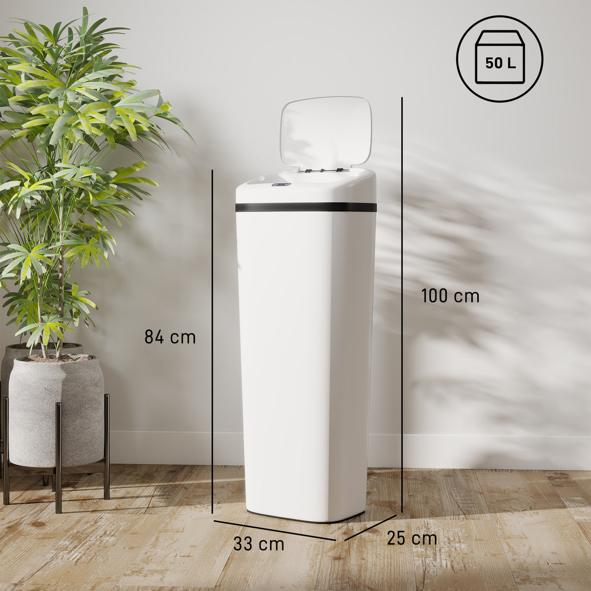 Poubelle cuisine automatique 50L en acier inoxydable, poubelle à capteur de mouvement sans contact, 33x25x84cm, blanc-2
