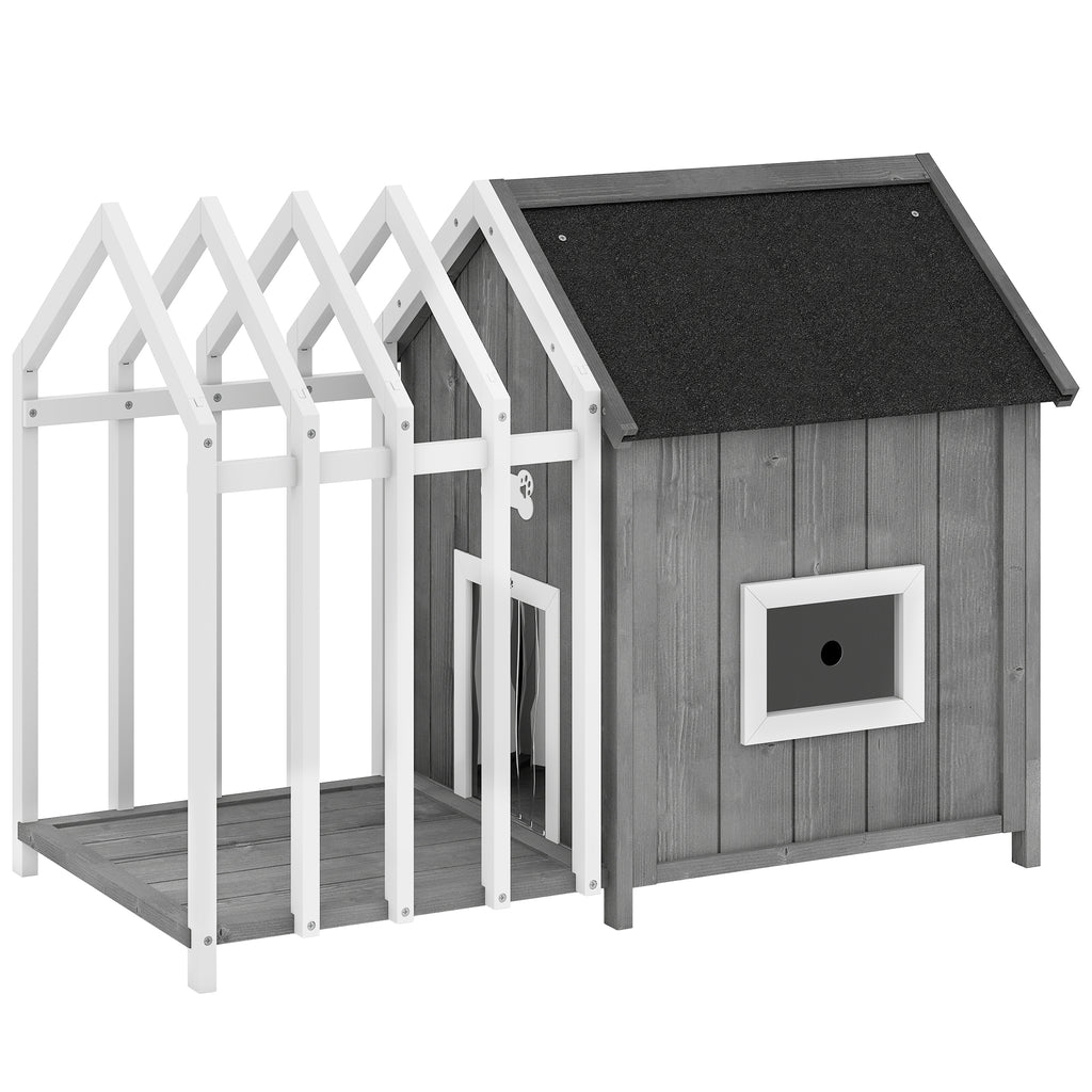 Niche pour chien extérieur en bois maison chien extérieur avec terrasse, porte à lamelles, 106 x 62,5 x 80,5 cm, gris-0
