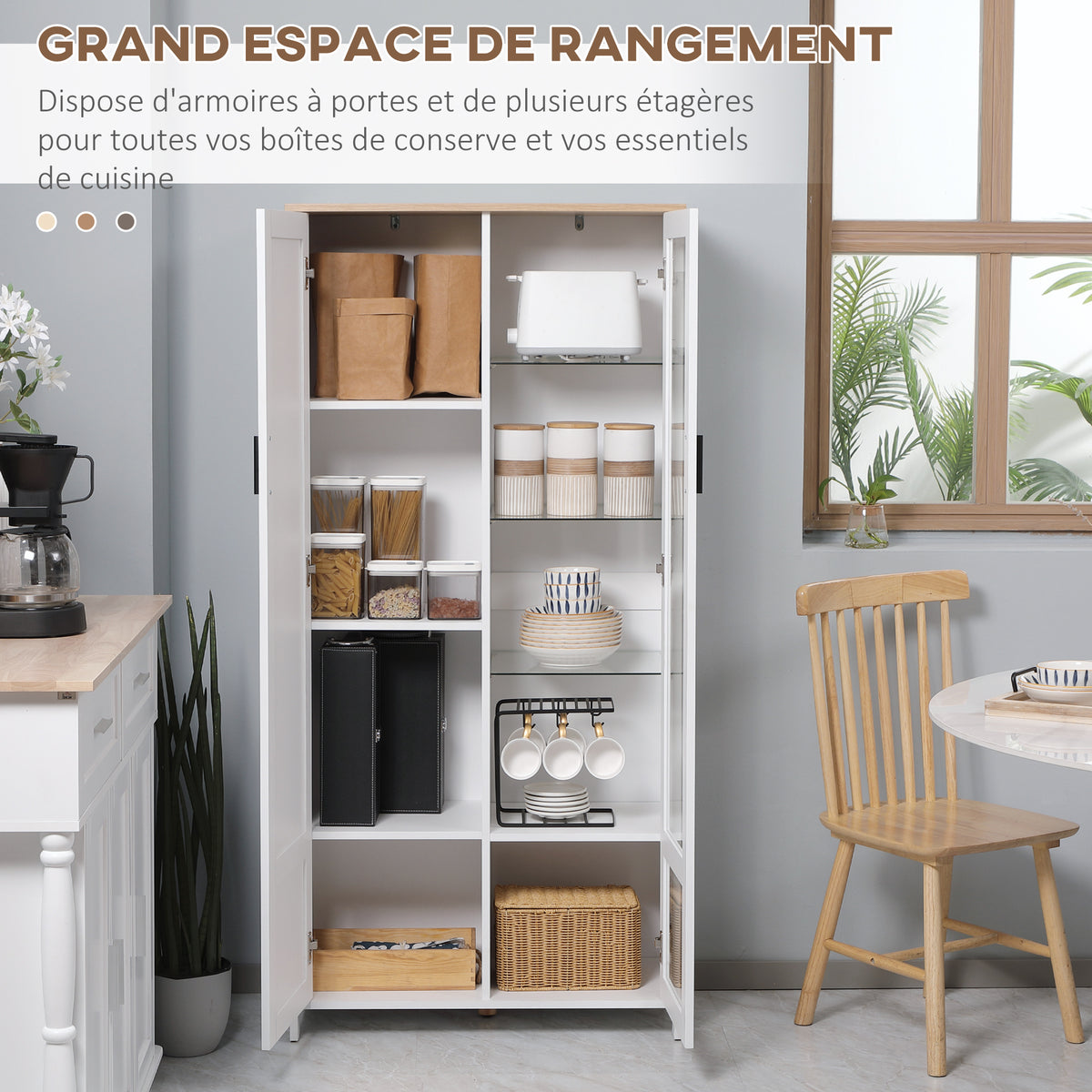Buffet de cuisine armoire de cuisine meuble vitrine 7 étagères dont 3 étagères en verre 76 x 36 x 160 cm blanc-3