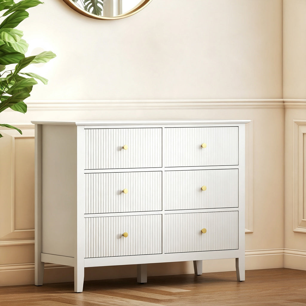Commode à 6 Tiroirs, Meuble de Rangement, Chiffonnier avec Façades Rainurées, 100 x 40 x 78 cm, Blanc-1