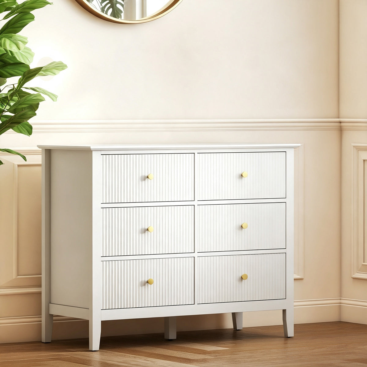 Commode à 6 Tiroirs, Meuble de Rangement, Chiffonnier avec Façades Rainurées, 100 x 40 x 78 cm, Blanc-1