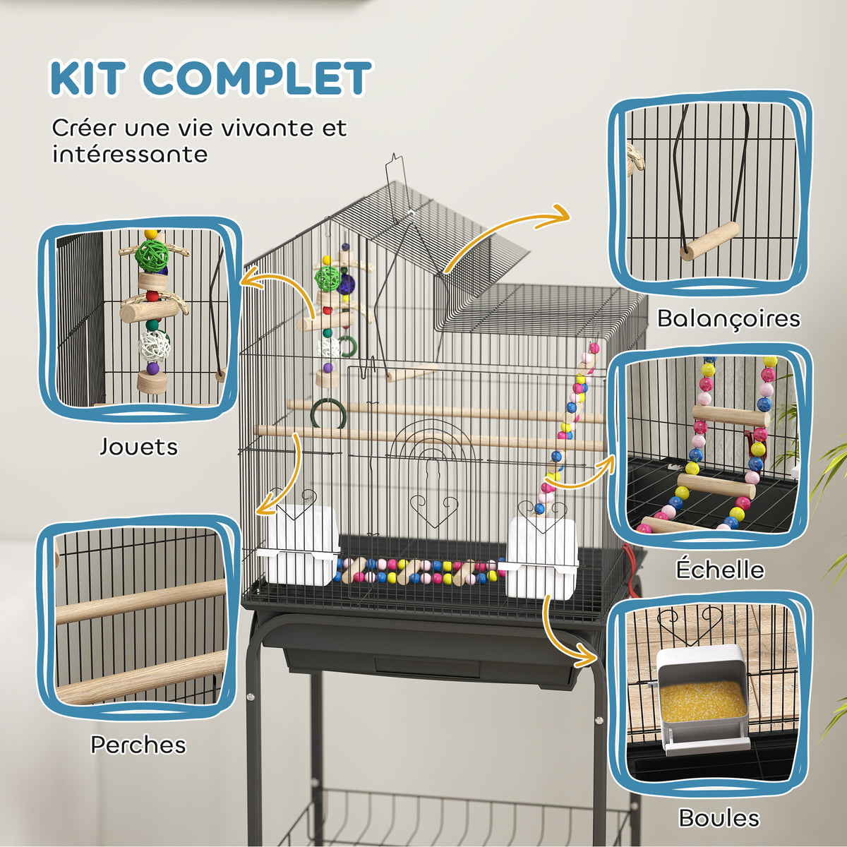 Cage à oiseaux sur roues 46 x 36 x 120 cm 2 mangeoires 2 perchoirs étagère cage pour perruche calopsitte conure pinson canaris-3