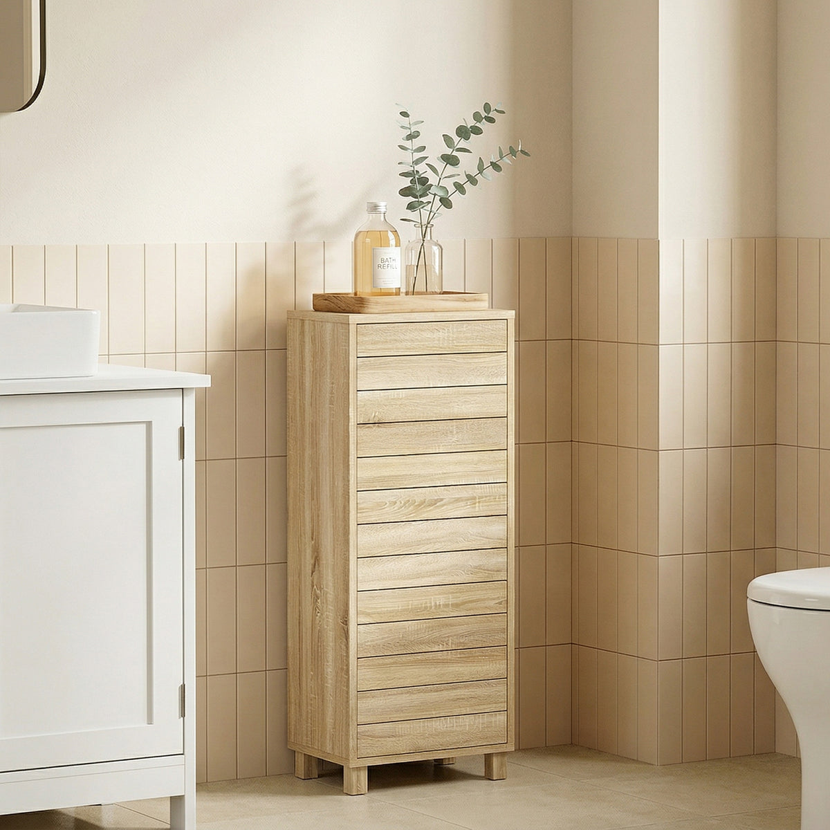 Meuble de Salle de Bain en Bois avec Étagère Réglable et Porte à Lamelles, Ouverture Pression, 34 x 23 x 84 cm, Naturel-1