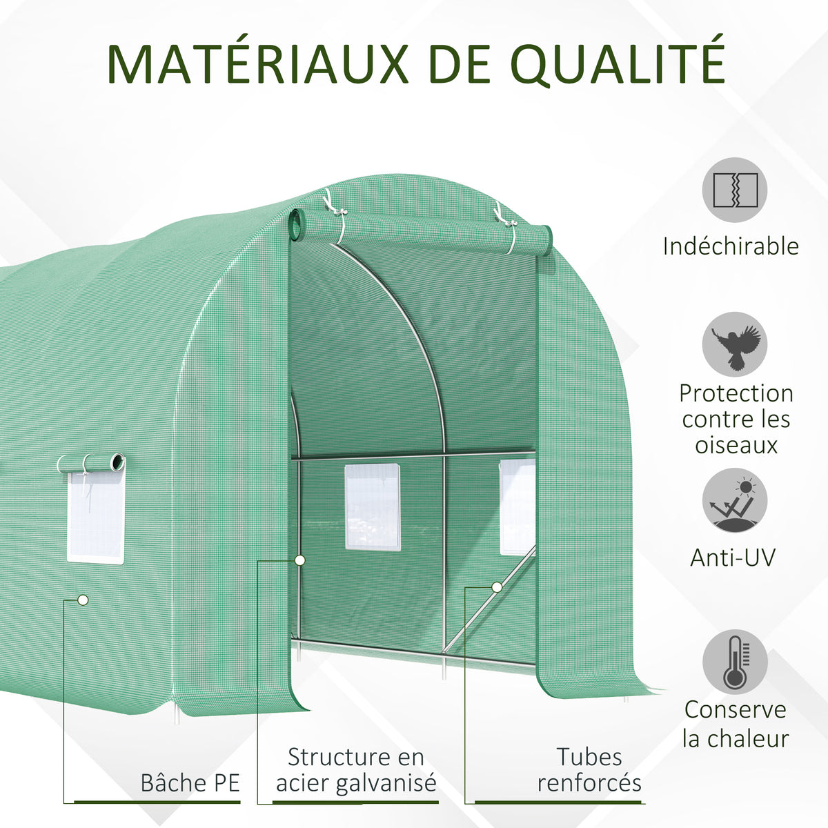 Serre de Jardin Tunnel 4,5L x 2l x 2H m châssis Tubulaire Acier galvanisé renforcé 1,8 cm 6 fenêtres 1 Porte-3