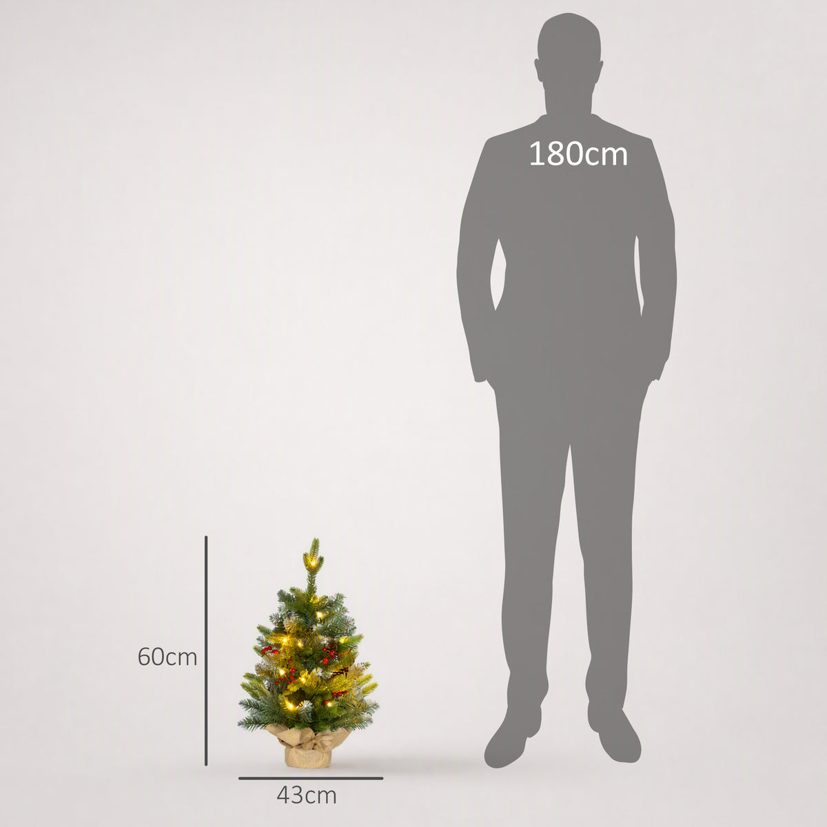 Sapin de Noël 60 cm arbre de Noël de table avec lumière LED, 141 pointes, pommes de pin et baies rouges, base en béton-2