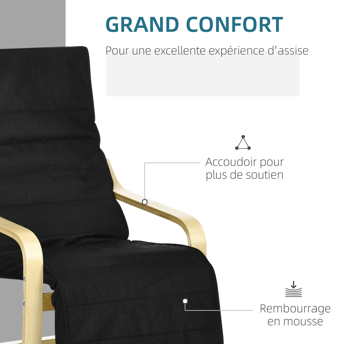 Fauteuil Relax Confort et Relaxation avec Repose-Pied réglable déhoussable 94 x 66,5 x 100 cm cm Bois Massif Noir-4