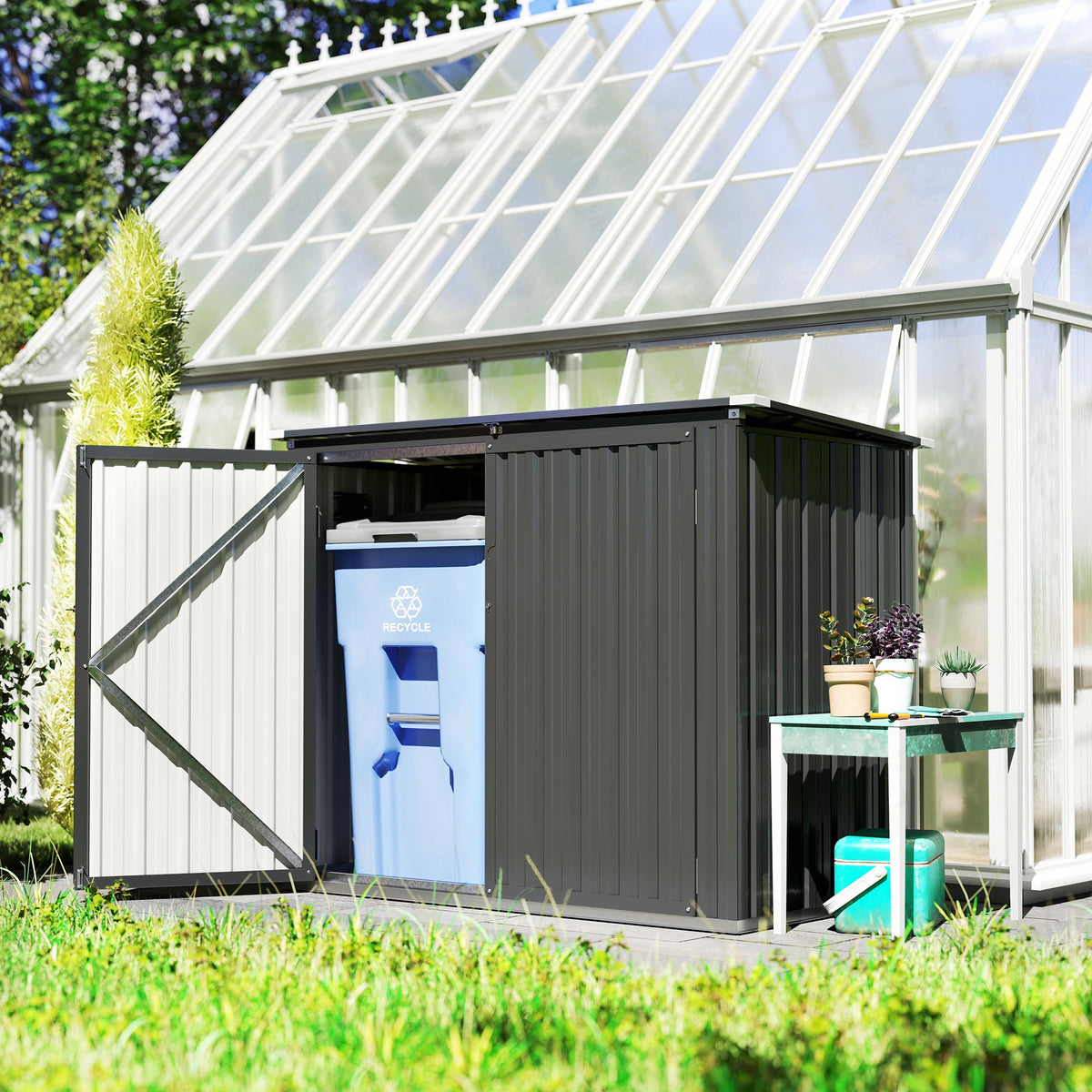 Cache Poubelle Extérieur 1,2 m², 150x80x117cm, Abri de Jardin Acier Galvanisé pour 2 Poubelles, Double Porte à Serrures-1
