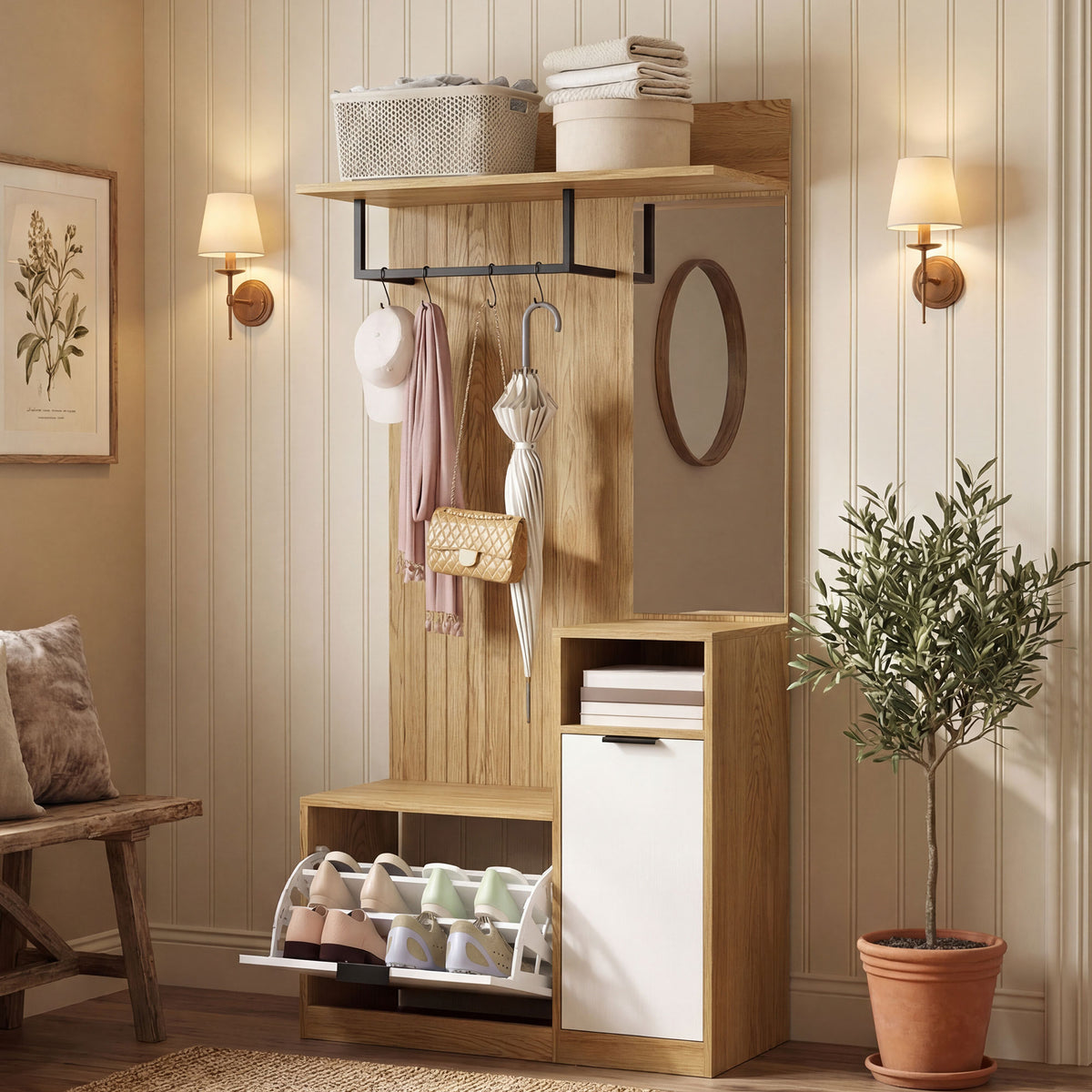 Meuble d'entrée 6 en 1, vestiaire d'entrée avec banc à chaussures rabattable, miroir, 80x36x168cm, chêne-7