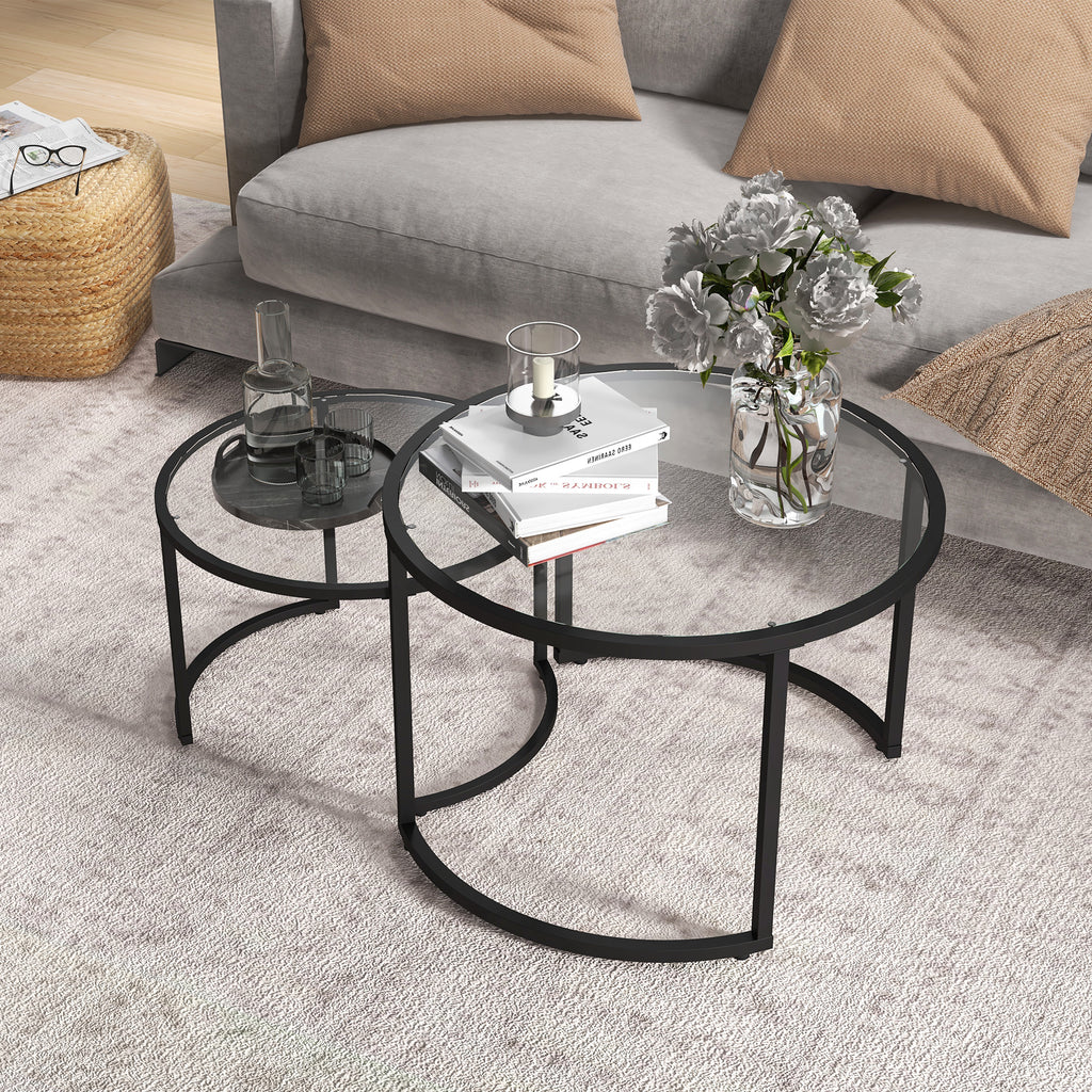Lot de 2 tables basses gigognes rondes plateau verre trempé et pied en acier au carbone noir-6