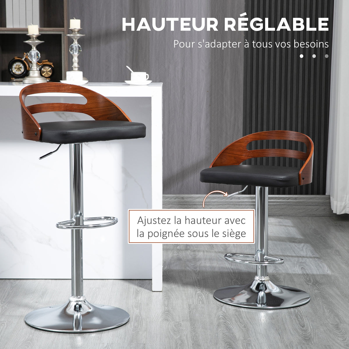 Lot de 2 tabourets de Bar Hauteur d'assise réglable pivotant 360° revêtement synthétique Noir Dossier ajouré-4