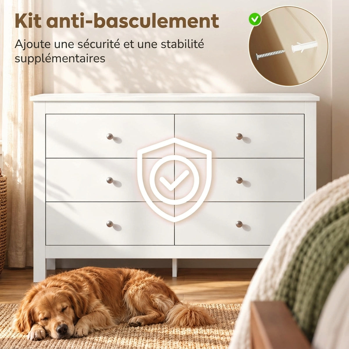 Commode 6 Tiroirs, Meuble de Rangement avec Glissières Fluides, Chiffonnier, Style Moderne, 118 x 39,5 x 75,5 cm, Blanc-4