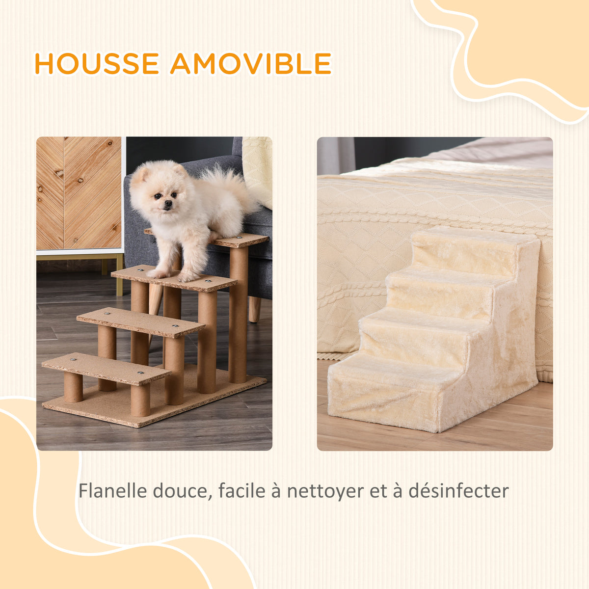 Escalier pour chien à 4 marches escalier pour chat échelle antidérapante housse amovible et lavable 60 x 35 x 44cm beige-4