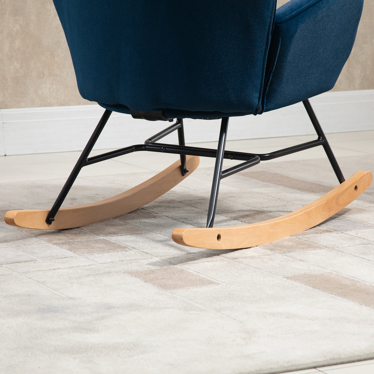 Fauteuil à Bascule, Rocking Chair, fauteuil allaitement confortable avec Structure en bois massif et métal pour Salon, Chambre, Balcon, Velours Bleu-8