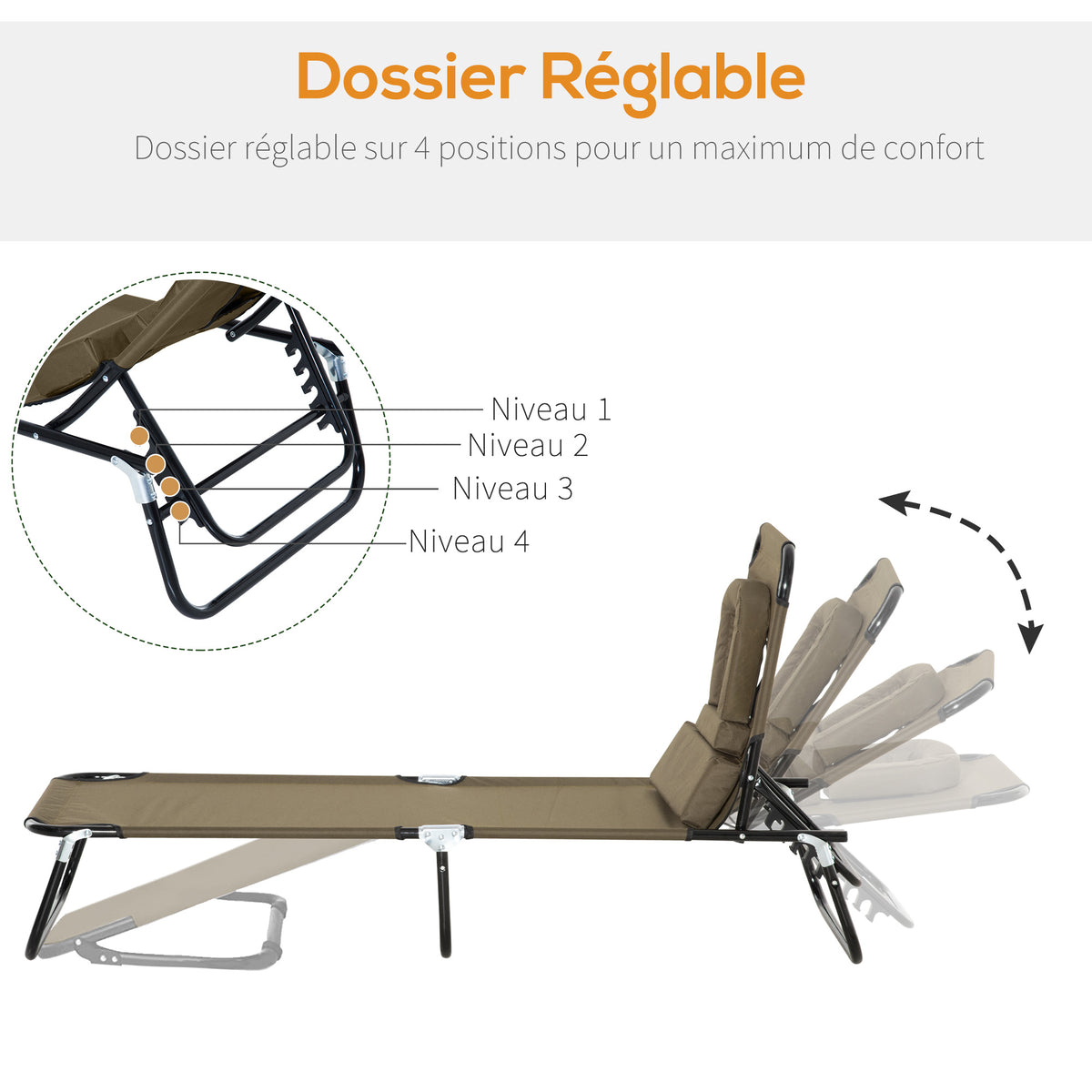 Transat de Jardin Chaise Longue Pliante Bain de Soleil avec Appuie-tête, Trou de lecture et Dossier Inclinable, Marron-3