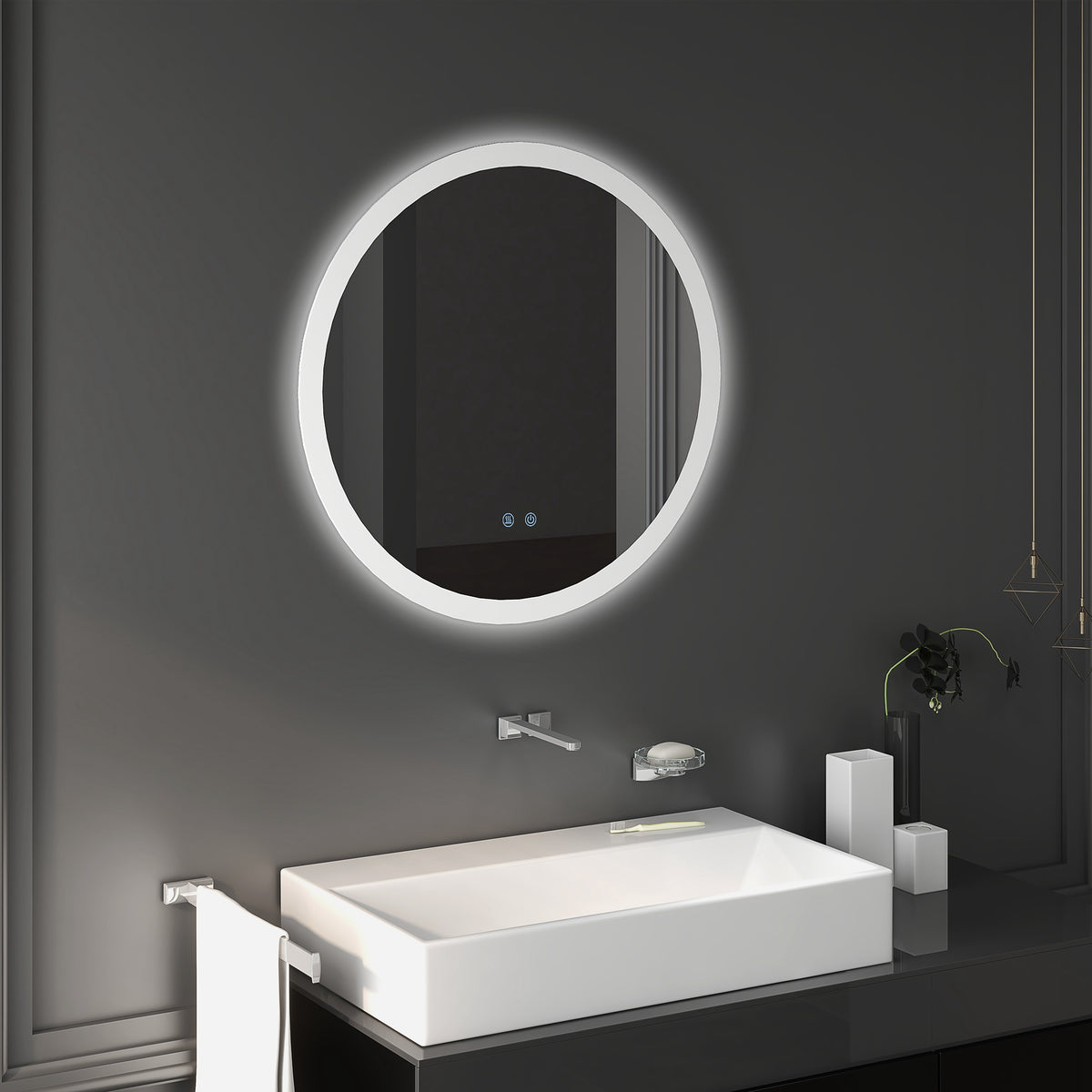 Miroir rond lumineux LED de salle de bain Ø 70 cm mural éclairage interrupteur tactile système antibuée 35W blanc argent-9