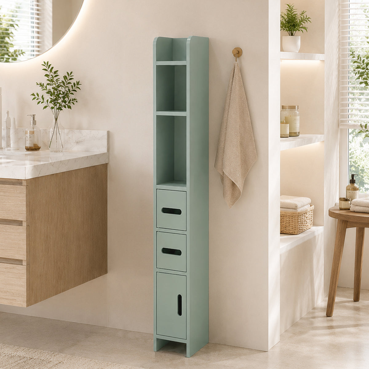 Meuble Colonne de Salle de Bain, Armoire Toilette Haute avec Étagères et Placards - 15 x 17 x 120 cm, Vert Clair-1