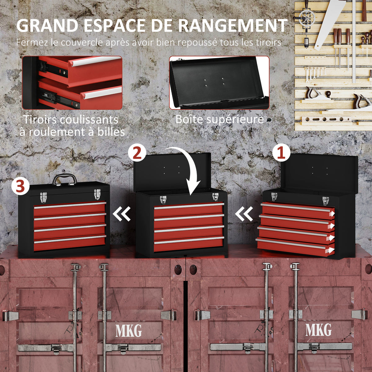 Boite à outils métallique coffret à outils caisse à outils 4 tiroirs + plateau tôle acier 51 x 22 x 39,5 cm noir-4