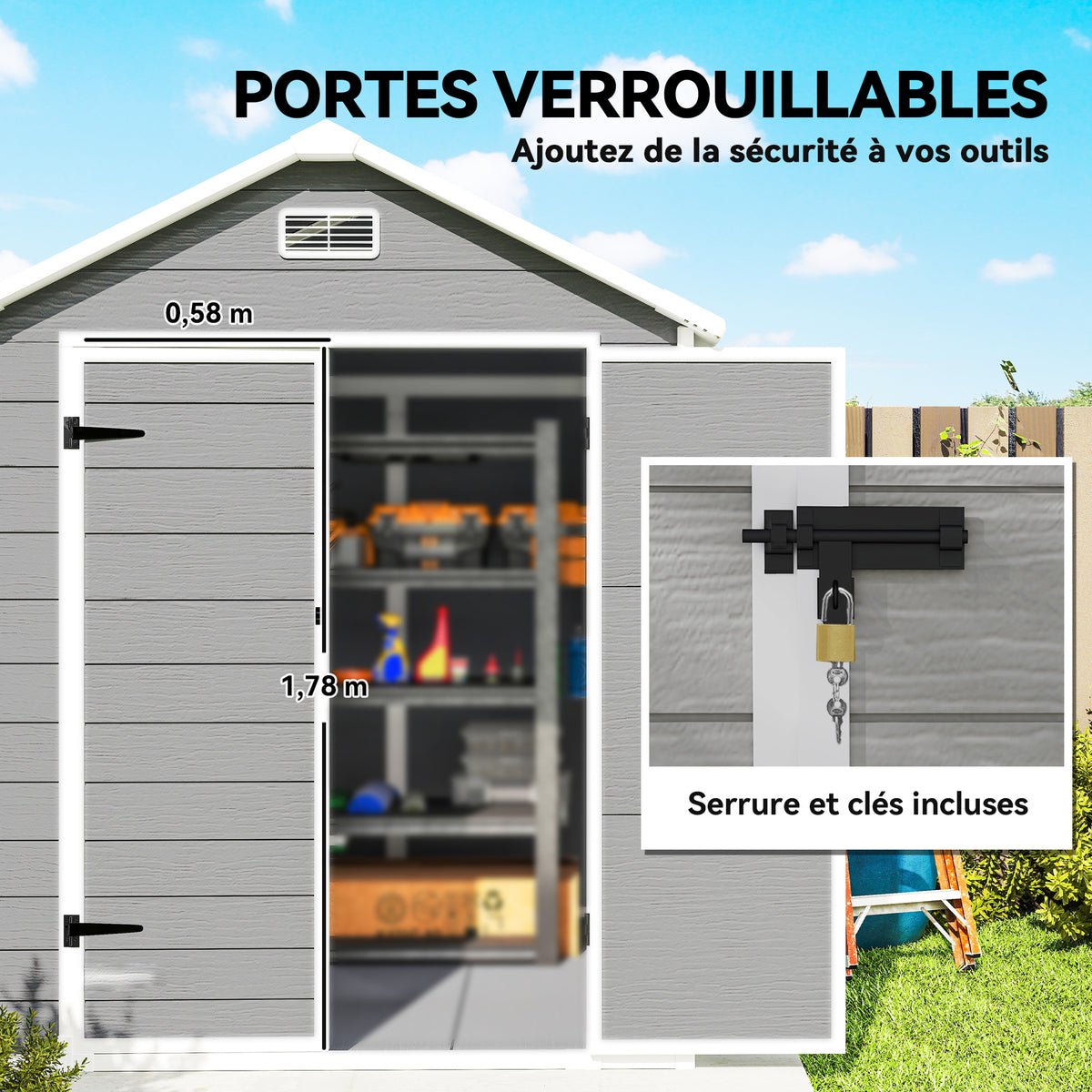 Abri de jardin en résine 2,7 m² avec plancher portes à loquet 3 fenêtre structure en aluminium 240 x 190 x 228 cm gris-6