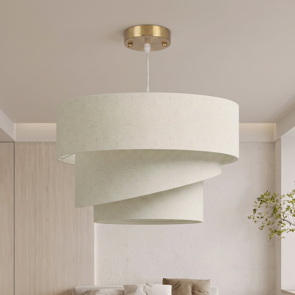 Suspension Luminaire à 3 Abat-Jour Effet Lin, Ampoule Non Incluse E14 40 W, Câble Réglable, Rosace Dorée, Beige-1