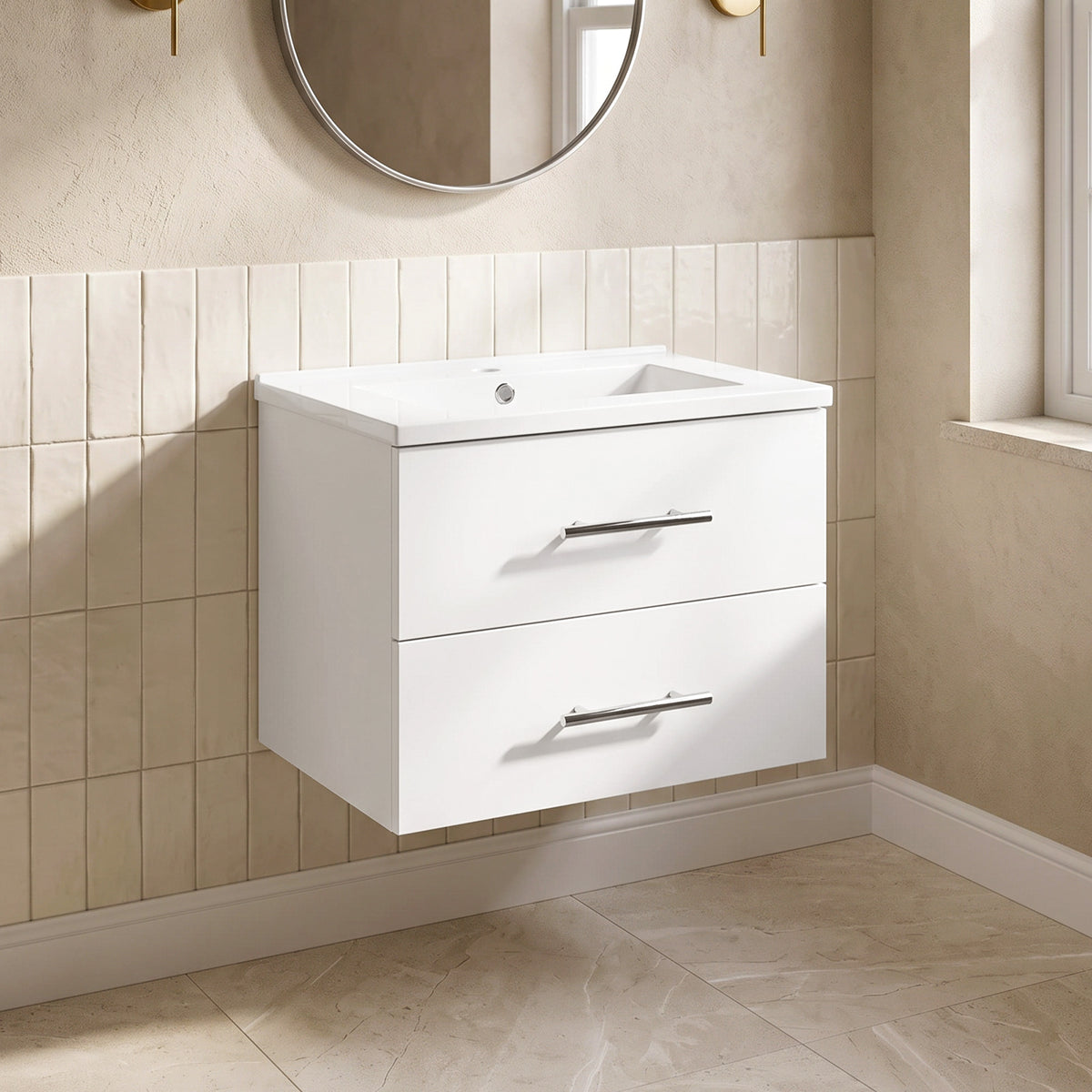 Meuble sous Lavabo Suspendu avec Vasque en Céramique, 2 Tiroirs Compartiments, Style Moderne, 61 x 40 x 48 cm, Blanc-1