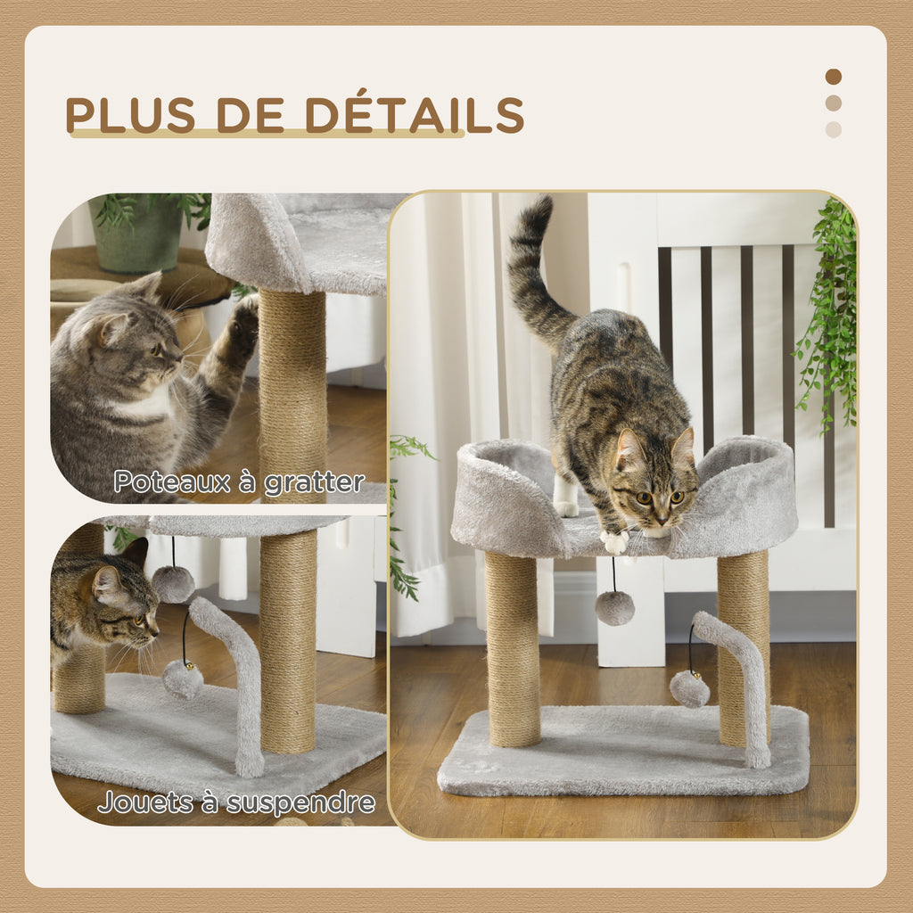 Arbre à chat grattoir design avec jeu 2 pompons suspendus 2 poteaux jute plateforme peluche jute 48 x 38 x 42 cm gris-4