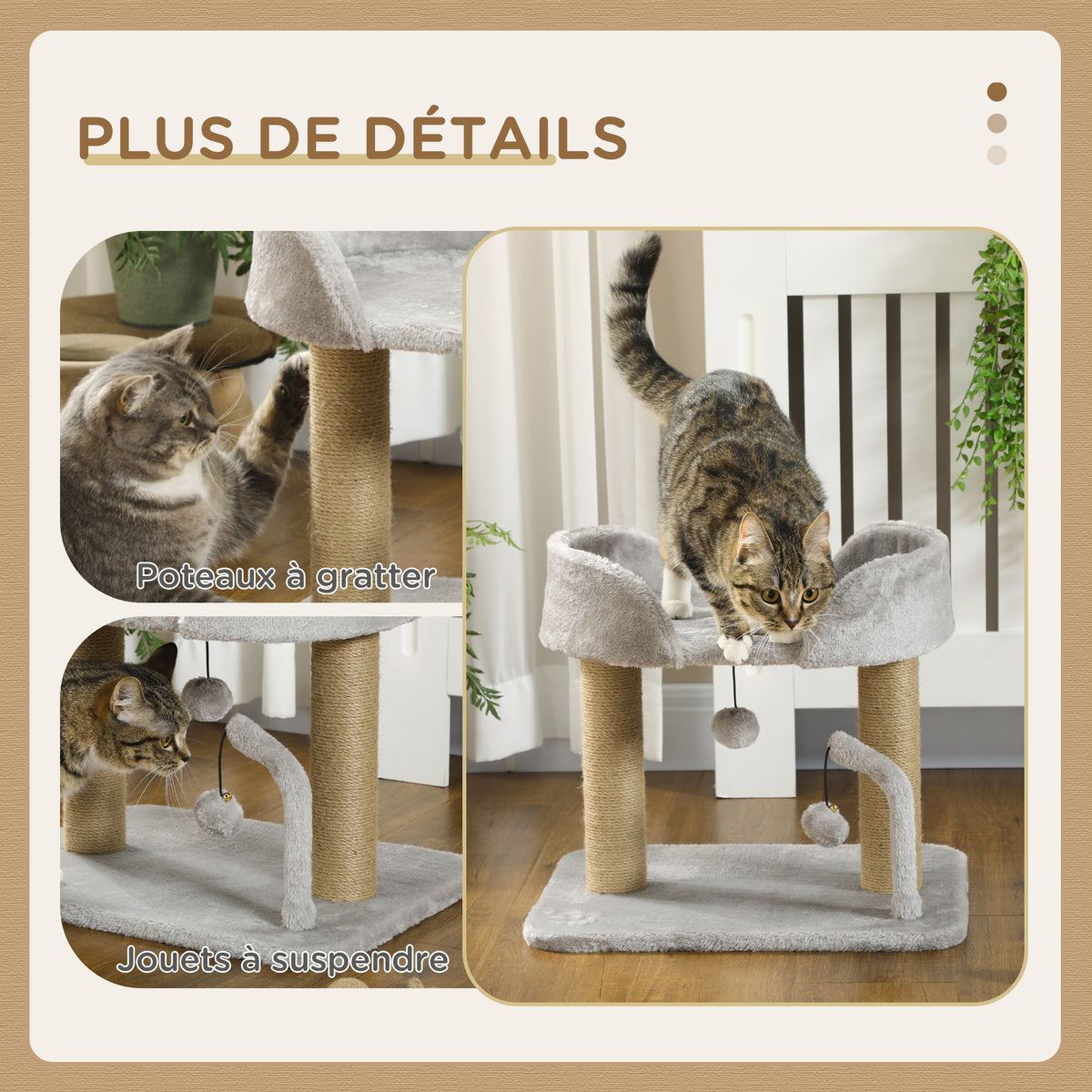 Arbre à chat grattoir design avec jeu 2 pompons suspendus 2 poteaux jute plateforme peluche jute 48 x 38 x 42 cm gris-4