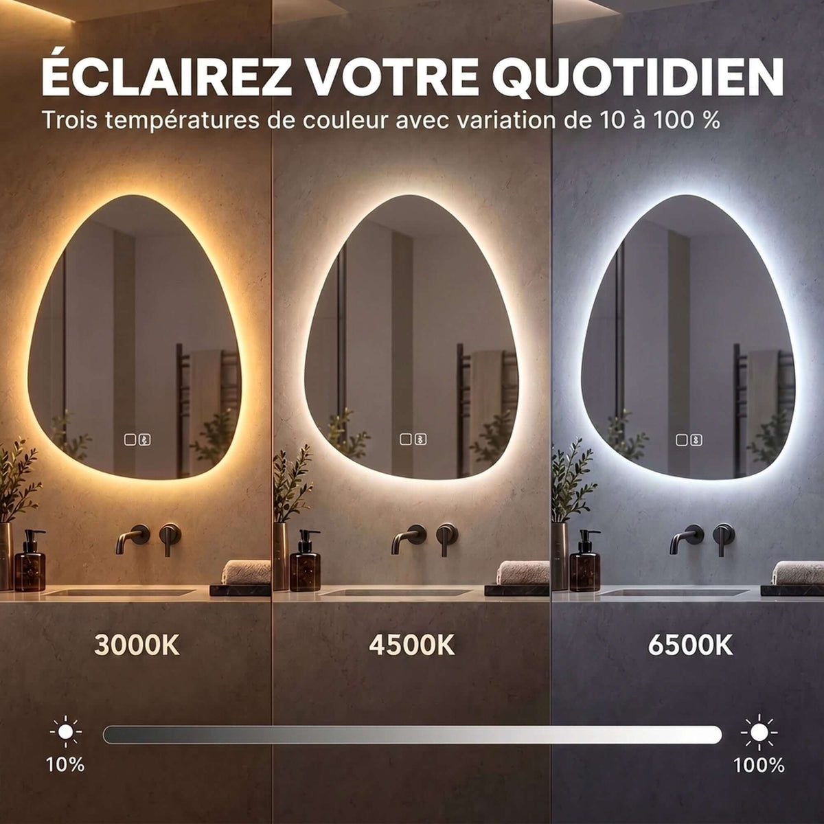 Miroir Salle de Bain Bluetooth avec Éclairage LED 50x70cm, Forme Galet, Dimmable 3 Couleurs, Anti-Buée, Mémoire, Argenté-4