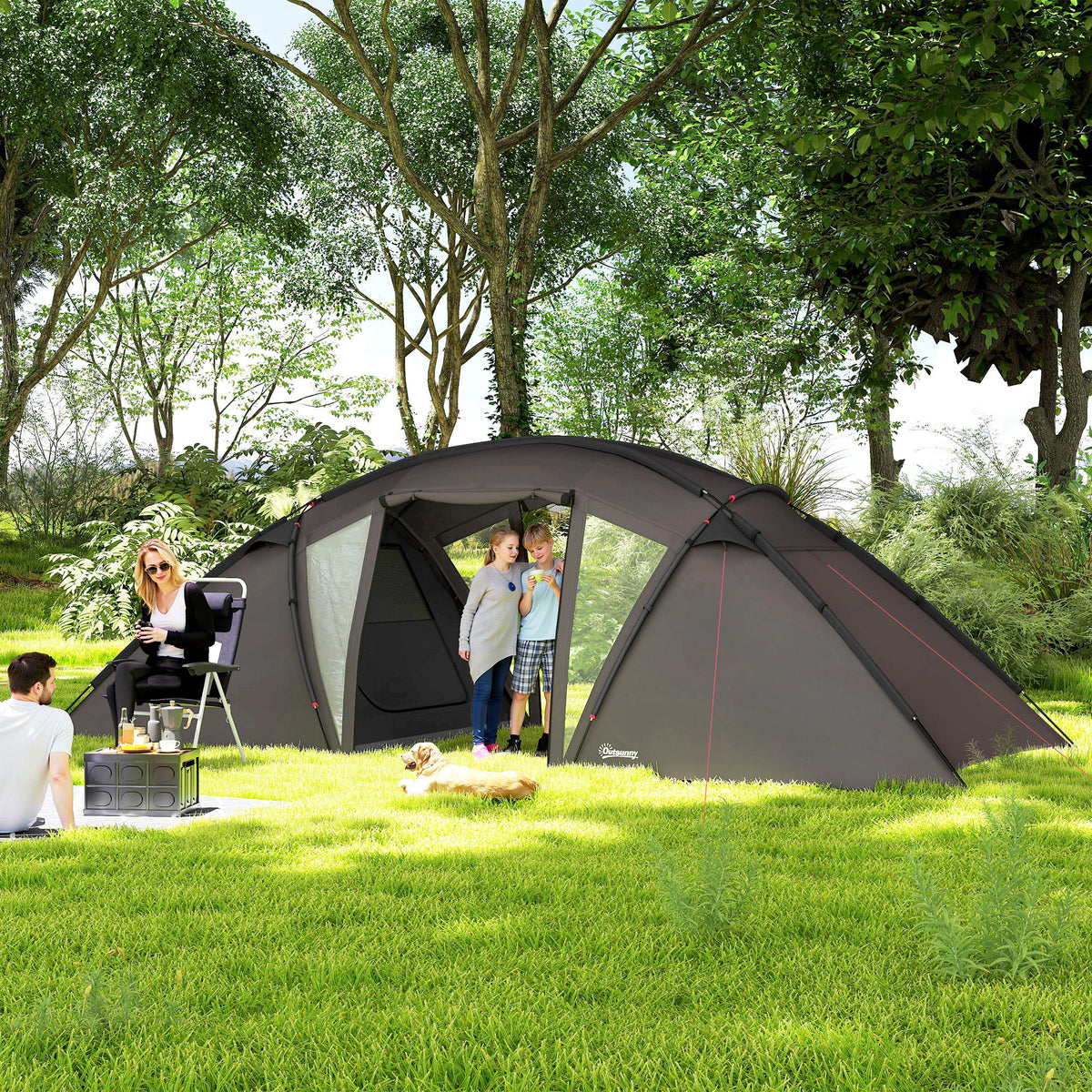 Tente de camping familiale pour 4-6 personnes, tente tunnel imperméable 3000 mm avec 2 portes, sac de transport, noir-1