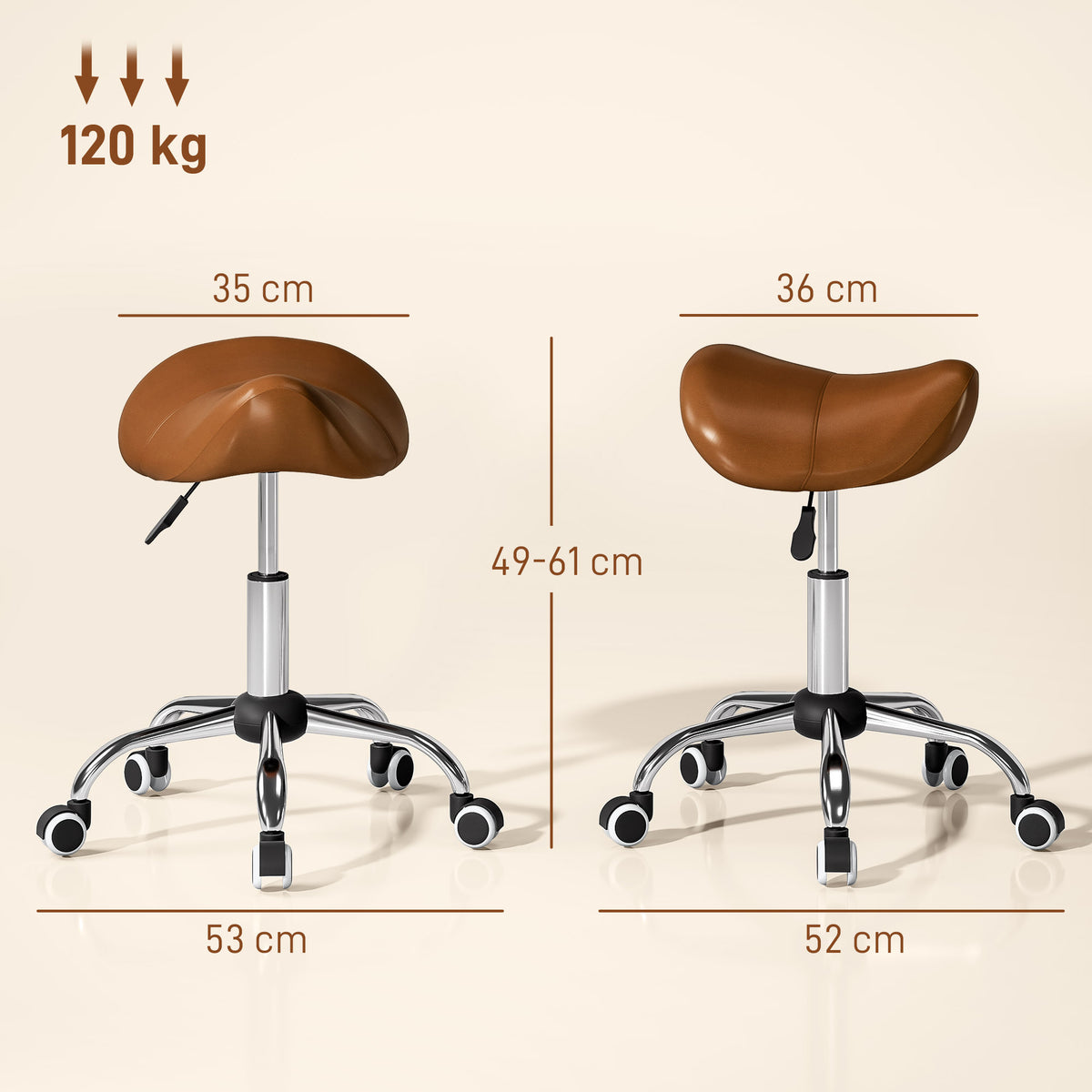 Tabouret à roulettes, chaise de travail avec hauteur réglable 49-61 cm et selle ergonomique, 52x53x49-61cm, marron-2