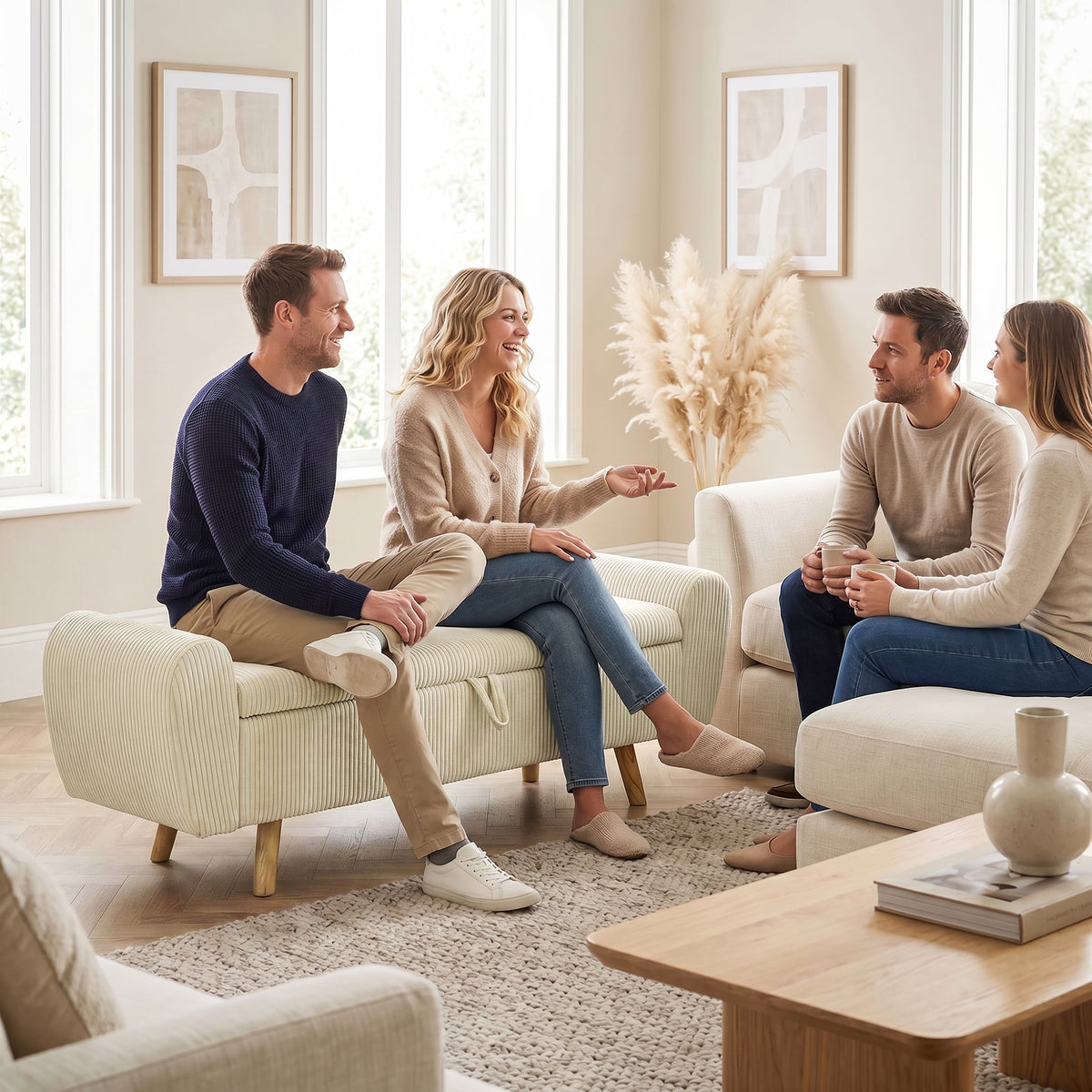 Banc de rangement 73 L, coffre de rangement rembourré en velours côtelé avec accoudoirs et pieds en bois d'hévéa, beige-9
