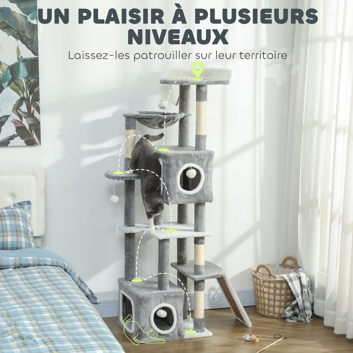 Arbre à chat tour de jeux pour chats centre d'activités 2 niches plateformes hamac échelle et 4 pompons 165 cm gris-3
