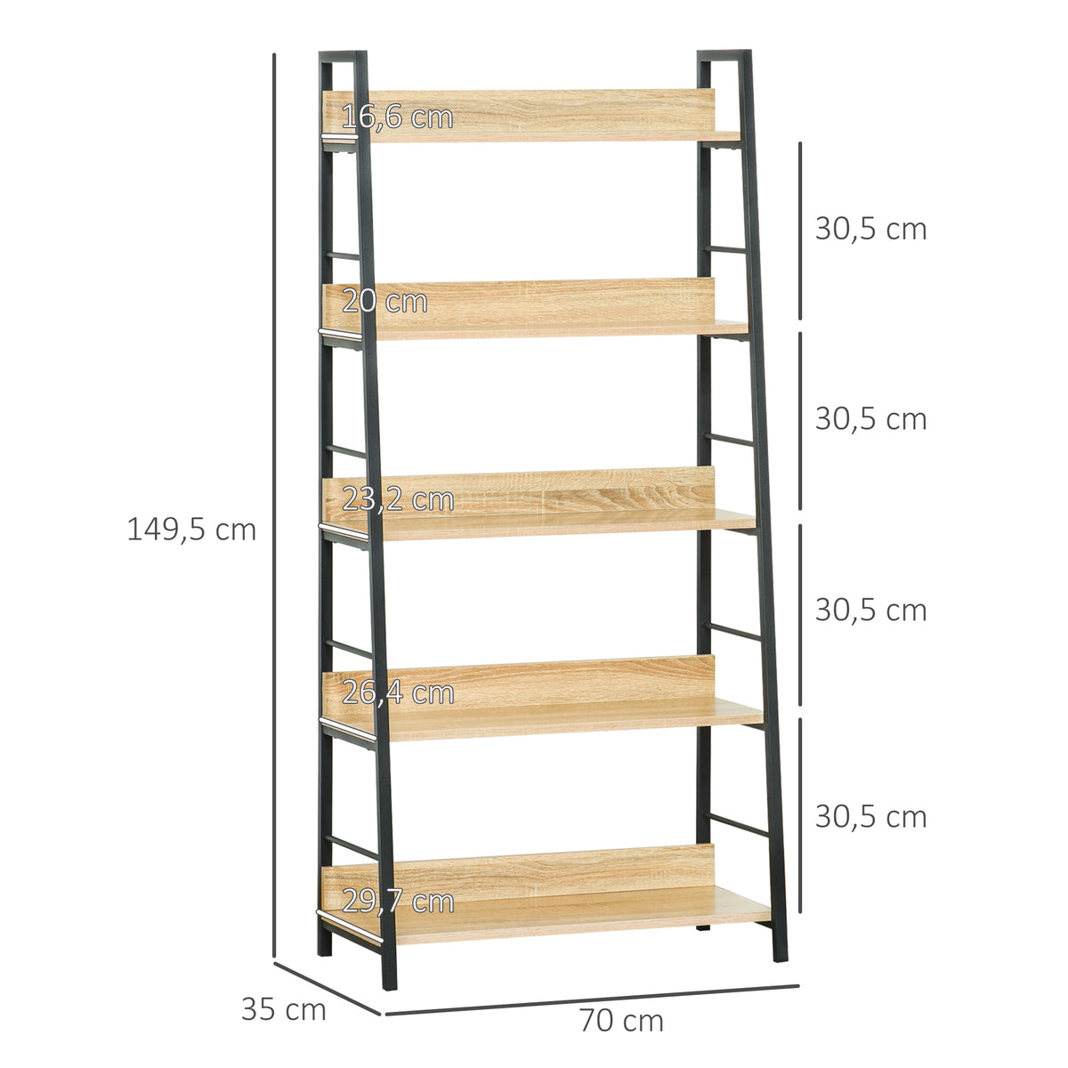 Étagère bibliothèque Style Industriel incliné 5 Niveaux 70L x 35l x 150H cm Coloris chêne Clair Noir-2