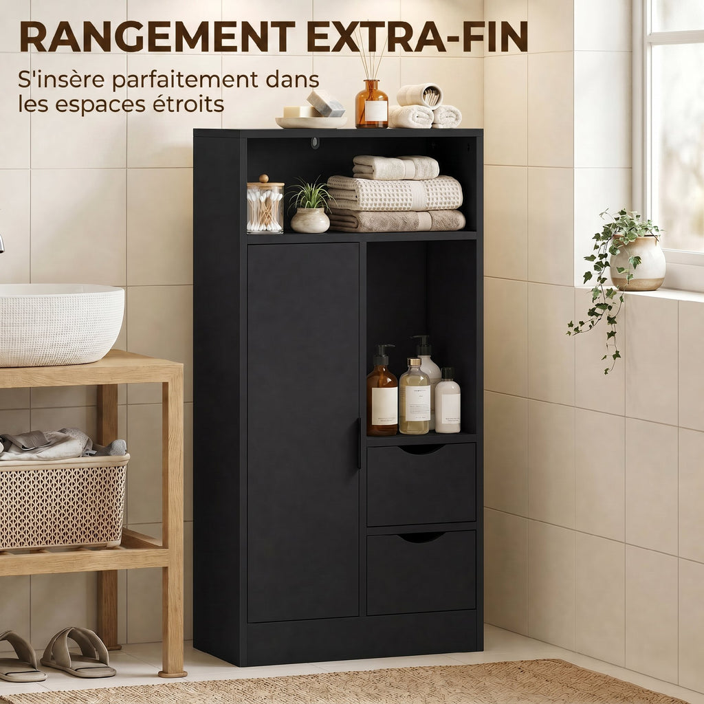 Meuble de salle de bain, meuble de rangement étroit avec 2 tiroirs, compartiments ouverts, 50x25x100cm, noir-5