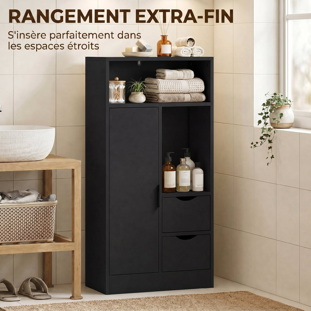 Meuble de salle de bain, meuble de rangement étroit avec 2 tiroirs, compartiments ouverts, 50x25x100cm, noir-5