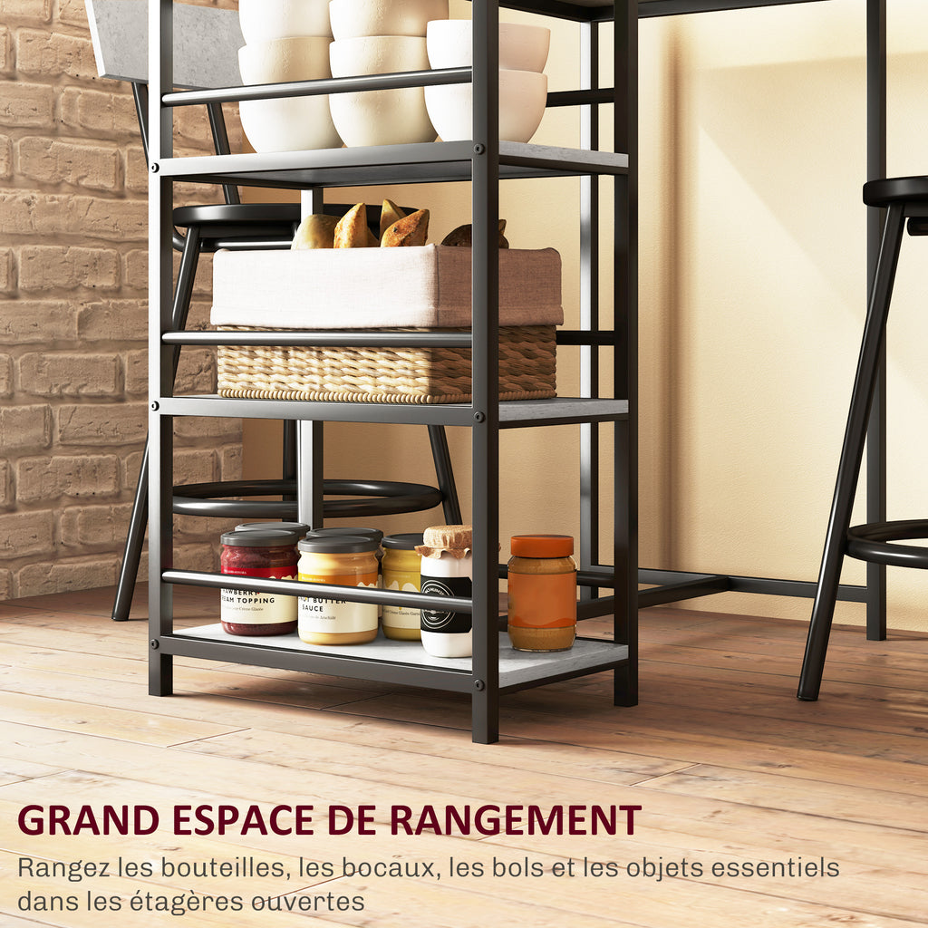Ensemble table de bar avec 2 tabourets et étagères de rangement pour salle à manger, cuisine, gris et noir-4