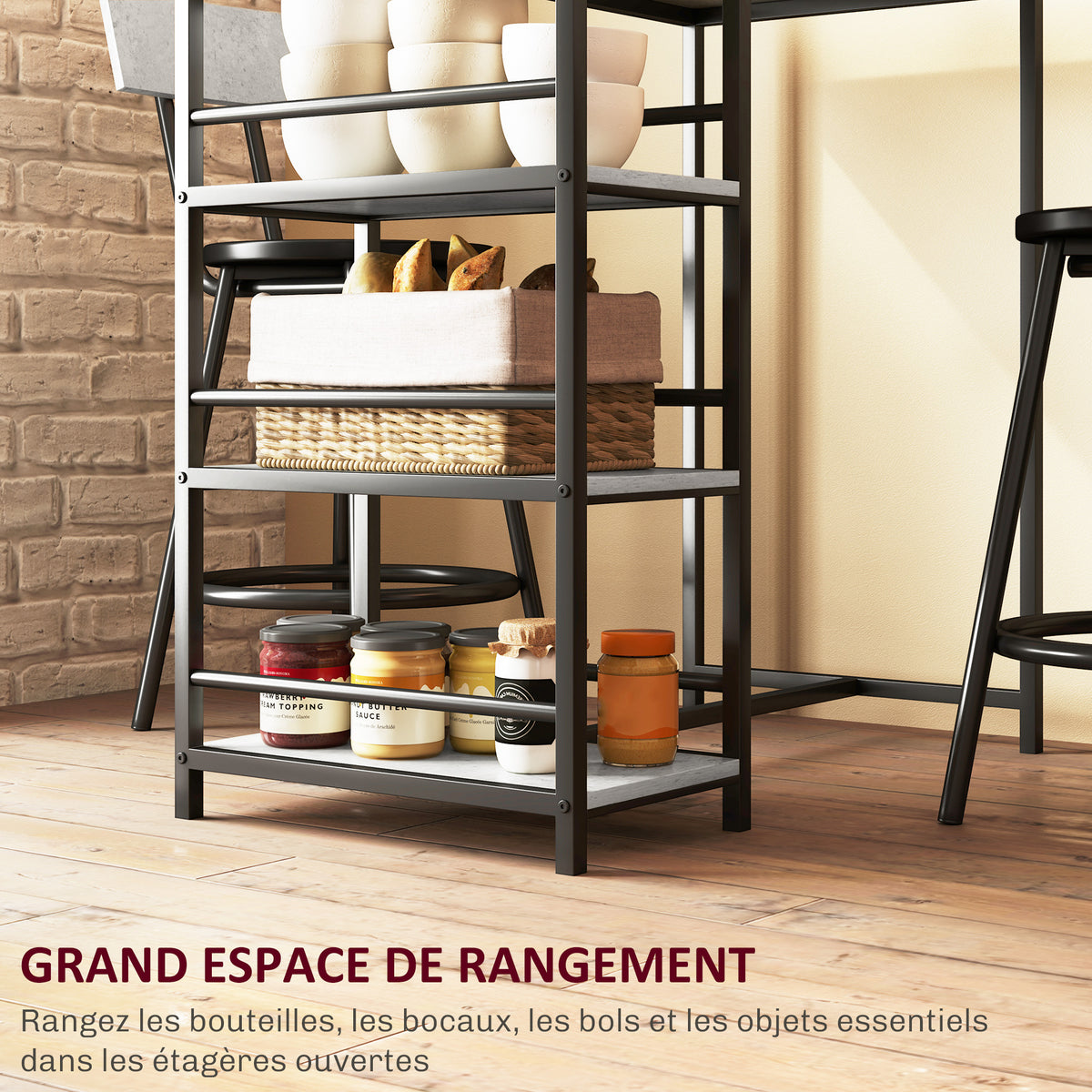 Ensemble table de bar avec 2 tabourets et étagères de rangement pour salle à manger, cuisine, gris et noir-4