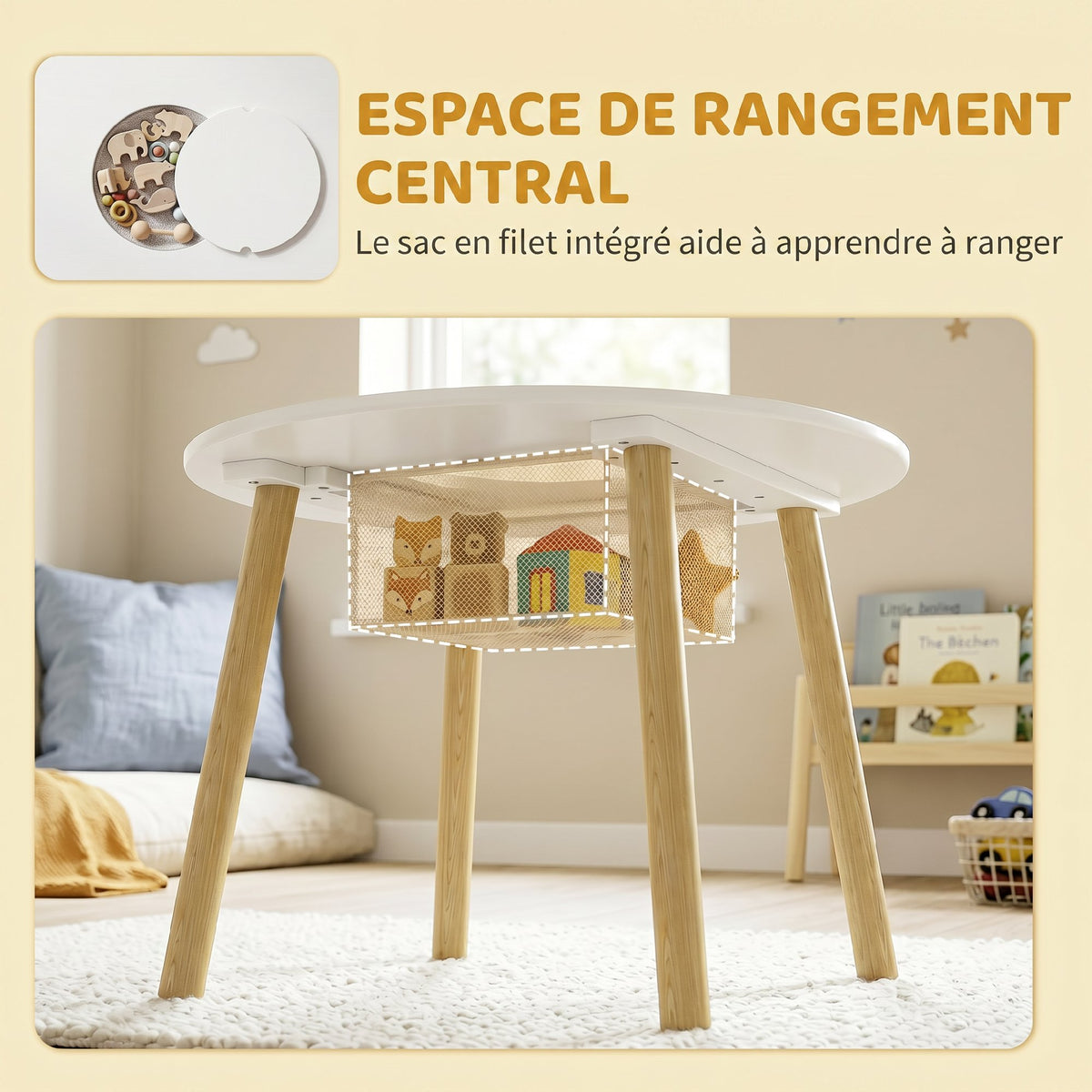 Table enfant avec chaise, ensemble table et 2 chaises en bois avec sac de rangement pour dessiner, jouer, étudier, blanc-4
