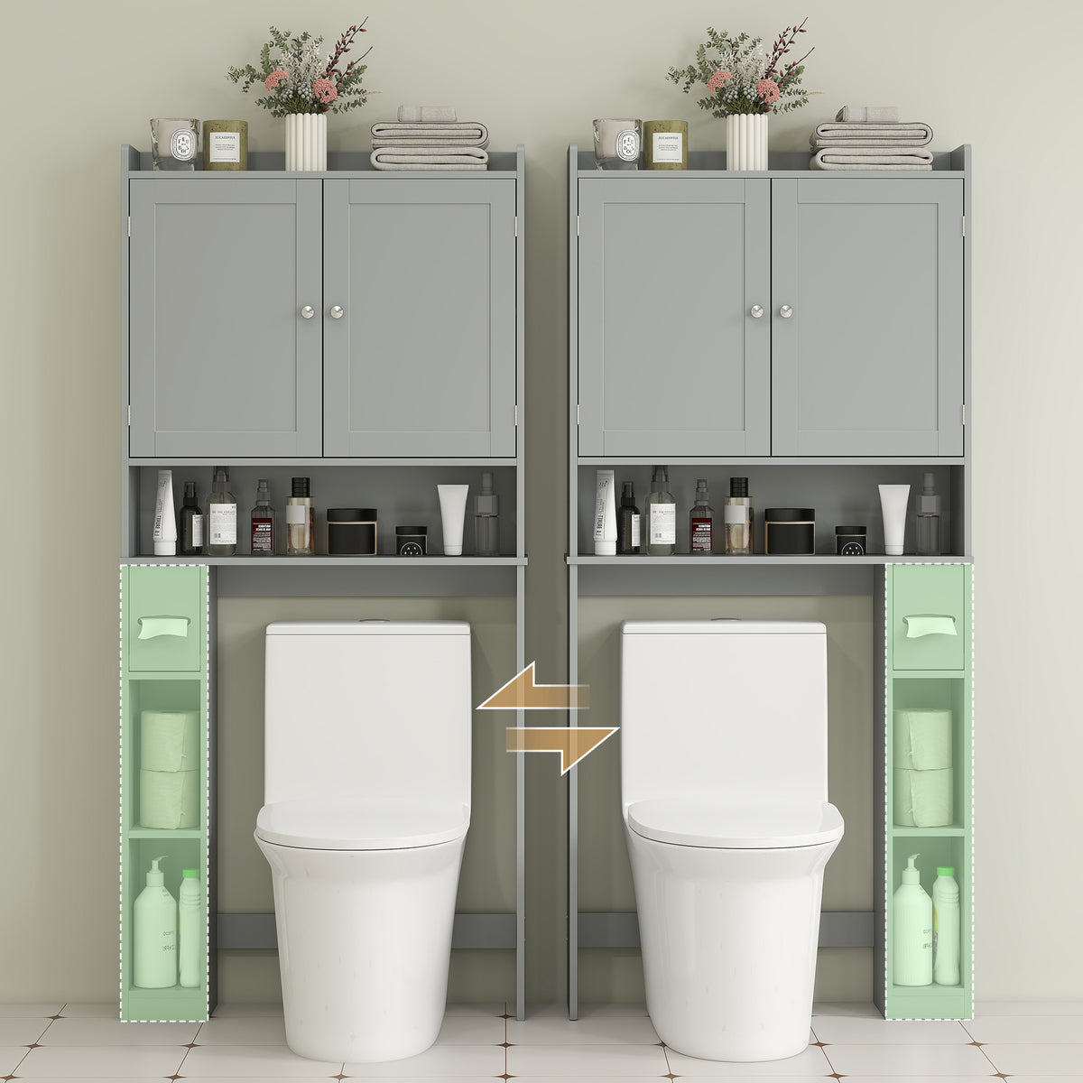 Meuble WC dessus de toilette ou machine à laver, 2 portes, 3 compartiments, porte-papier toilette, 80x19,5x170cm, gris-6