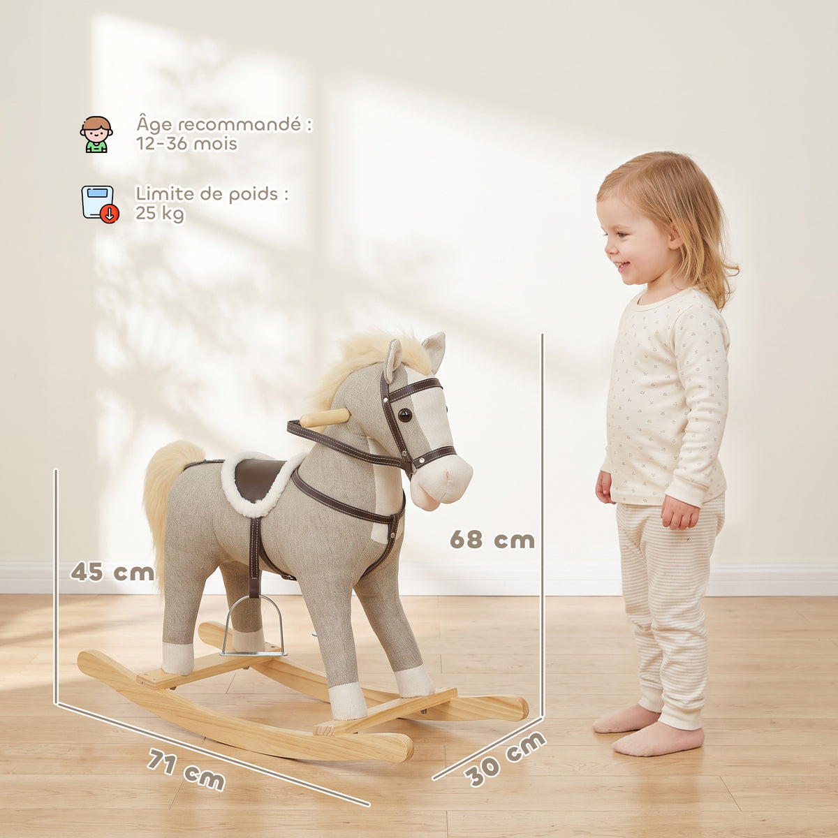 Cheval à bascule pour enfants, jouet à bascule bébé en tissu effet lin avec effets sonores et poignées de sécurité, gris-2