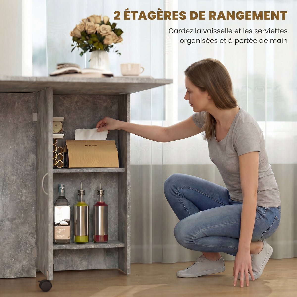 Table pliante de cuisine salle à manger amovible sur roulettes 75L x 140l x 74H cm 2 étagères intégrées en bois-4