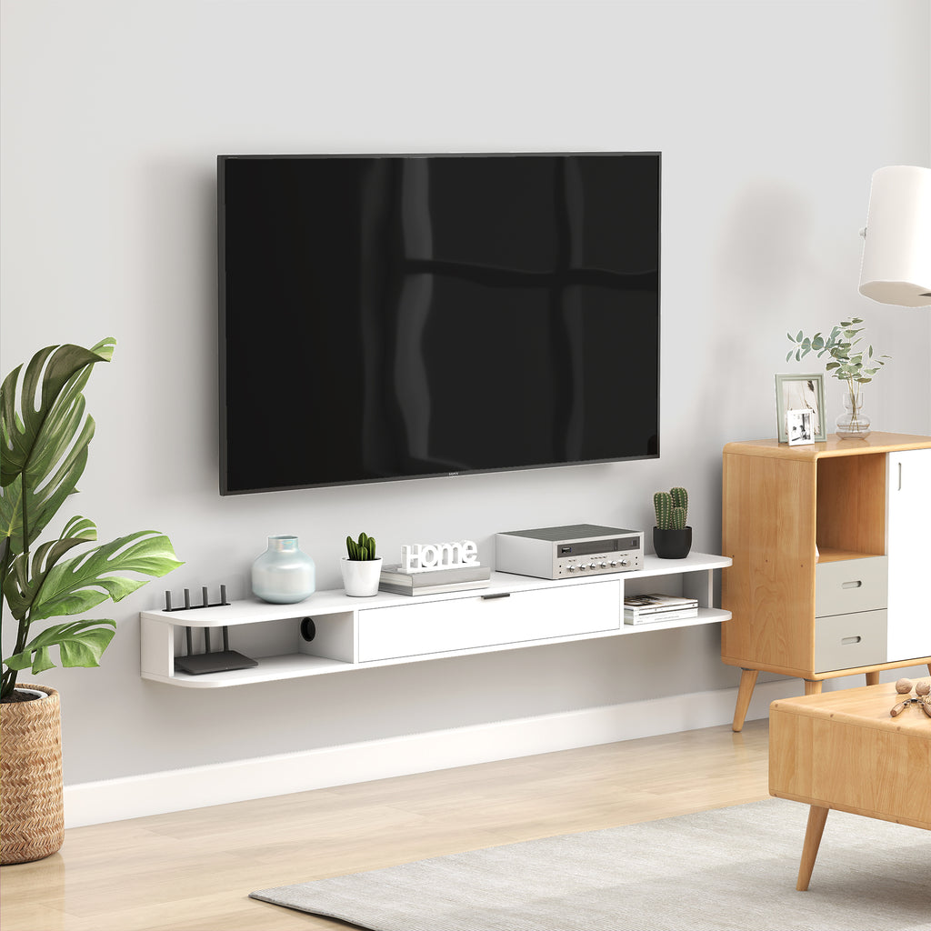 Meuble TV Suspendu, Meuble Télé pour Téléviseur jusqu'à 75 Pouces, Tiroir Rabattable, 2 Étagères, 180x24x16cm, Blanc-7