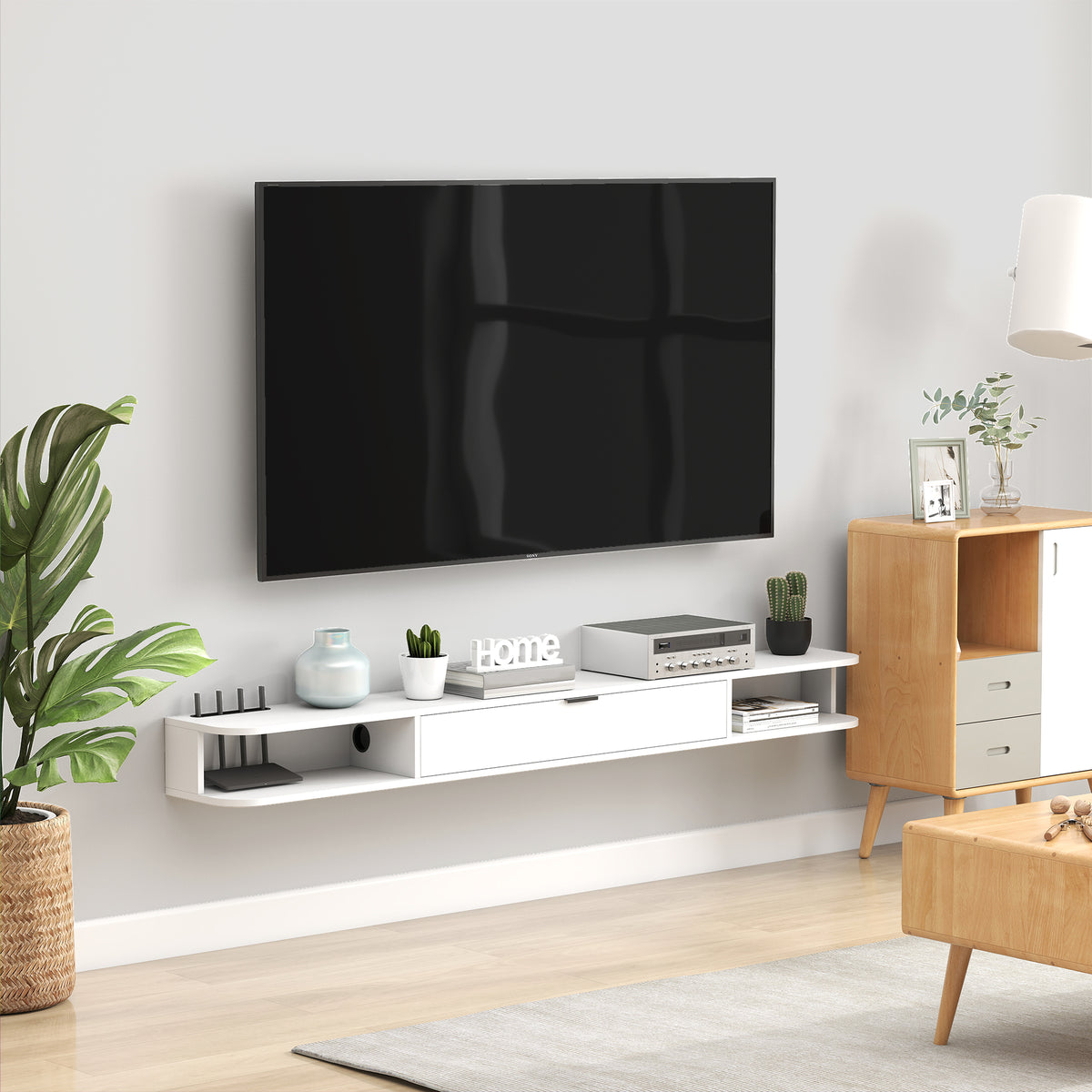 Meuble TV Suspendu, Meuble Télé pour Téléviseur jusqu'à 75 Pouces, Tiroir Rabattable, 2 Étagères, 180x24x16cm, Blanc-7