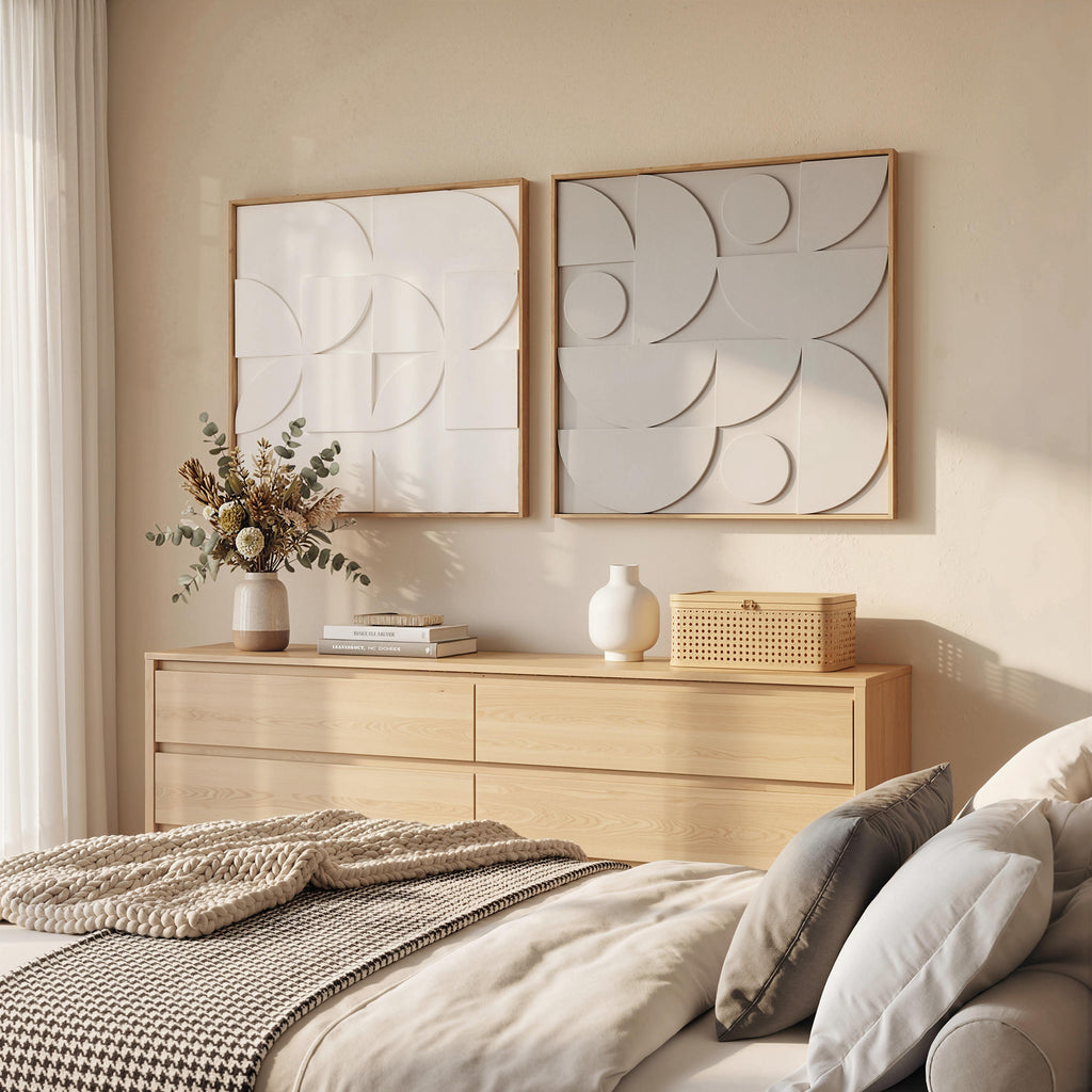 Lot de 2 tableaux abstraits 3D, décoration murale en bois géométrique, pour salon, chambre, bureau, 80 x 80 cm, blanc-8