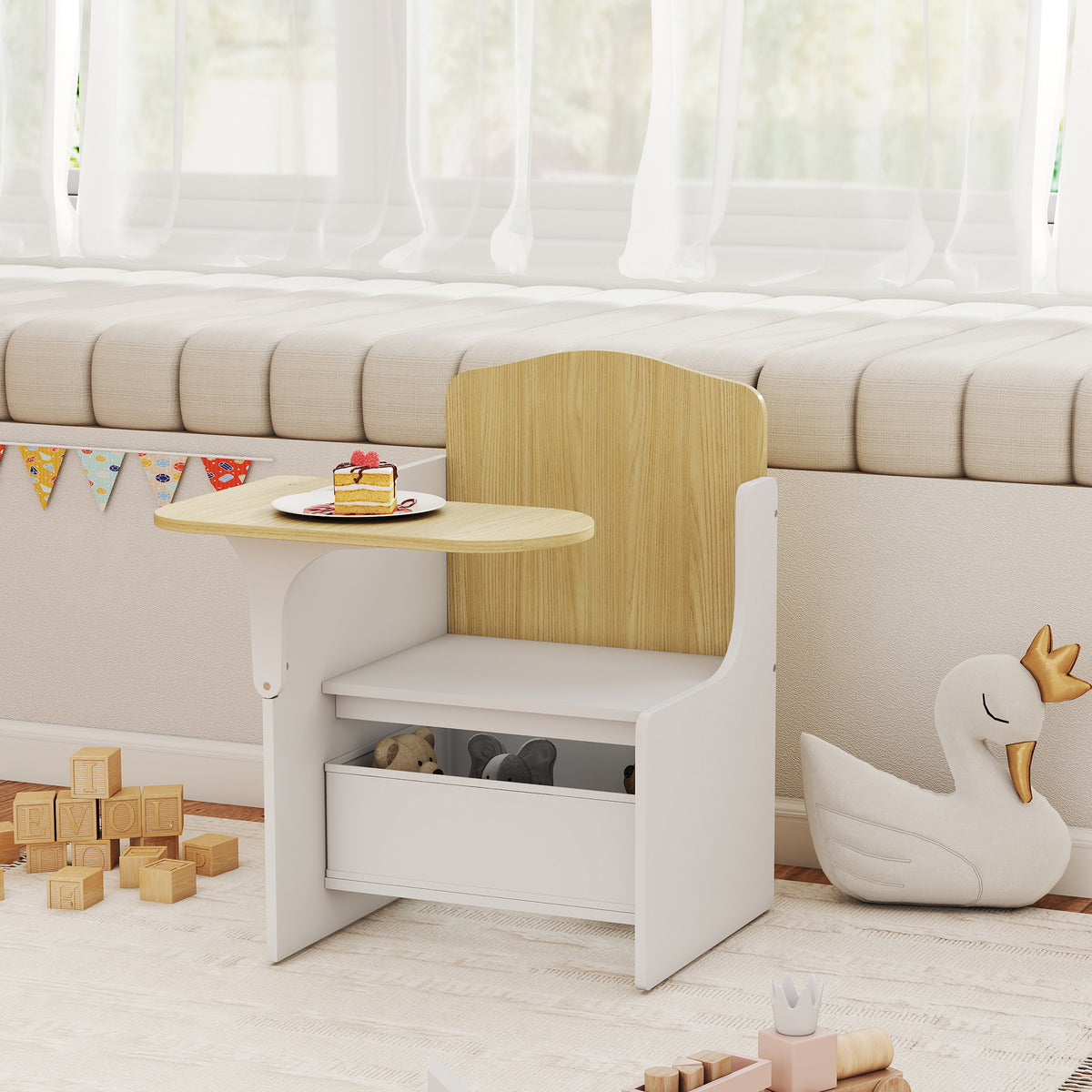 Bureau et chaise pour enfants avec bac de rangement, ensemble table d'activité 2-en-1 pour dessin lecture et jeux, blanc-1