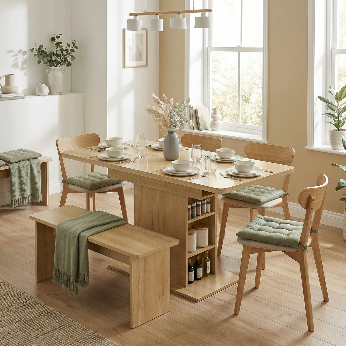 Table à manger extensible rectangle pour 4 à 6 personnes, table de cuisine 110-130 cm, 6 étagères ouvertes, bois naturel-1